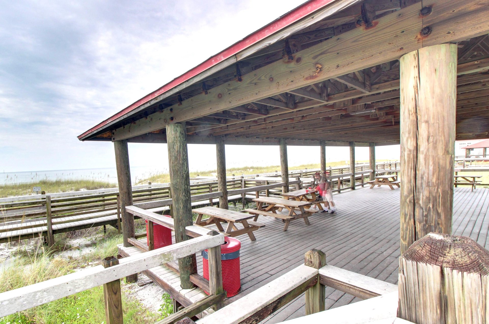 A large picnic pavilion provides a convenient place for meals and snacking beside the beach.