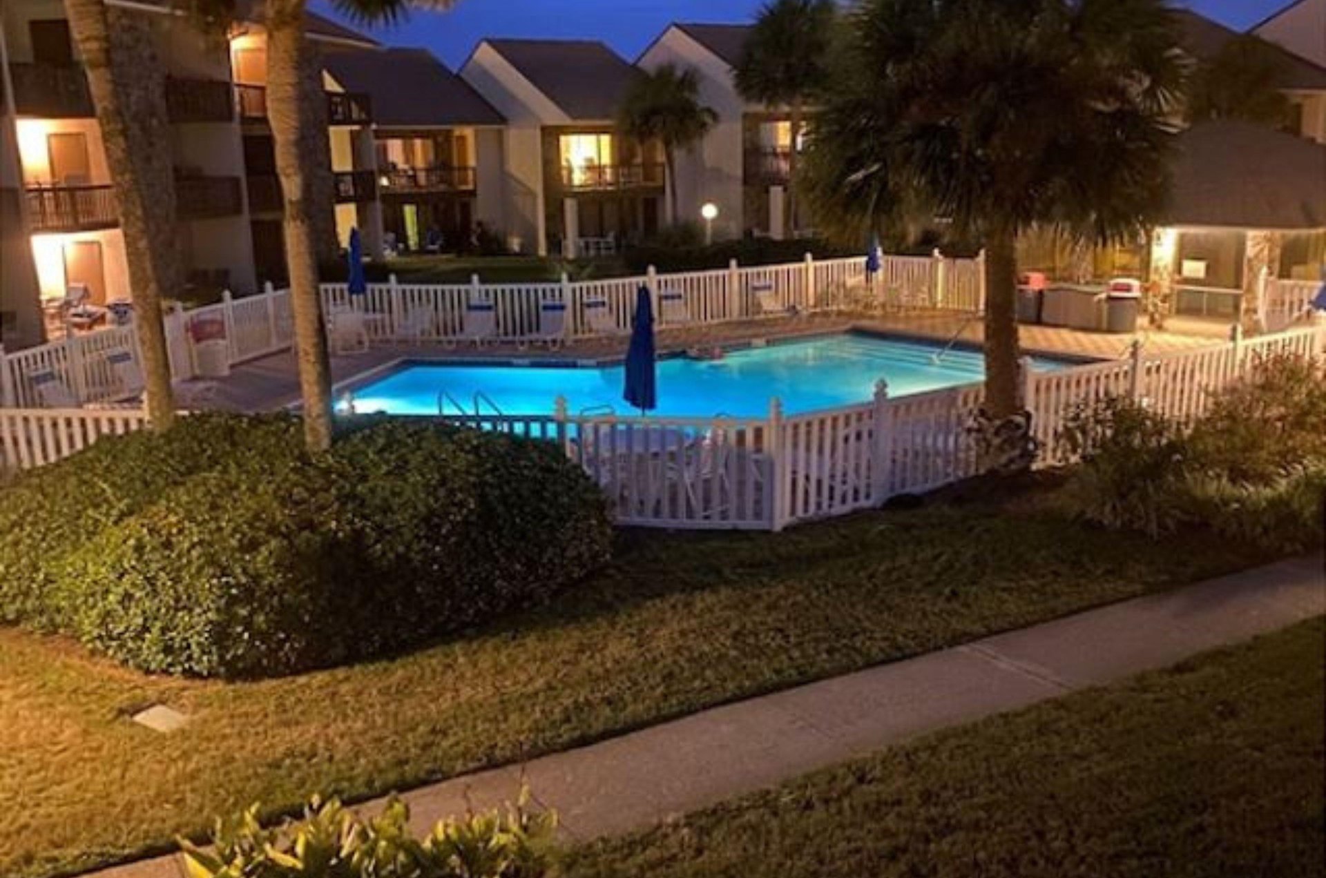 The pool is lighted at night.
