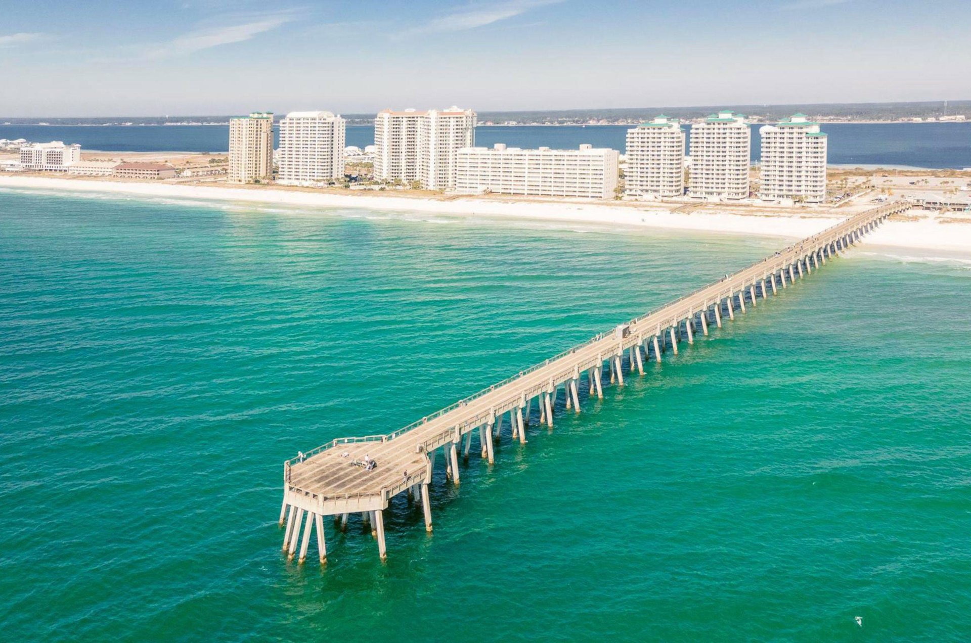 Aerial view from the ocean of Summerwind Resort and boardwalk in Navarre Beach Florida