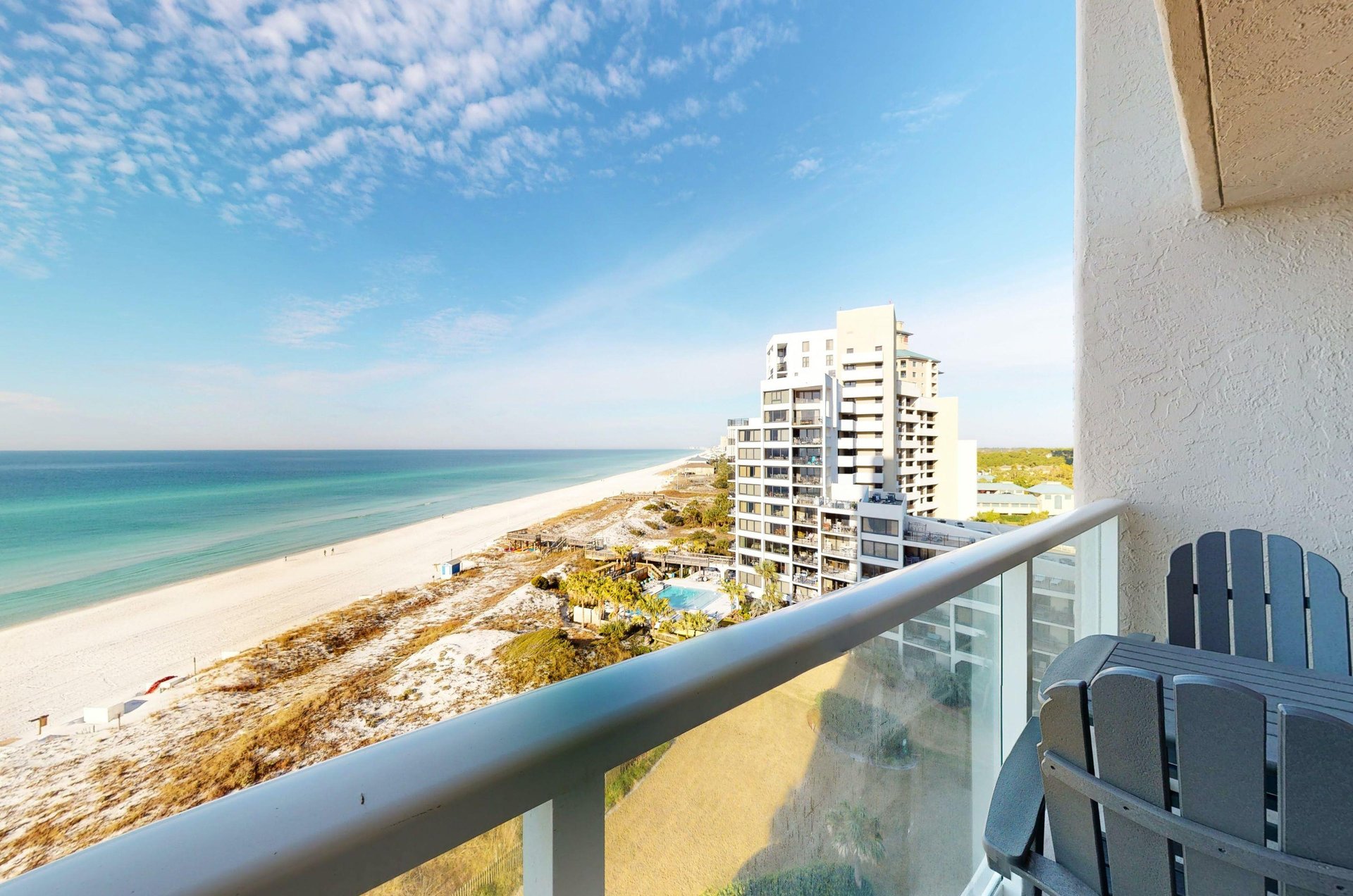 Some balconies offer sweeping beach and Gulf views.