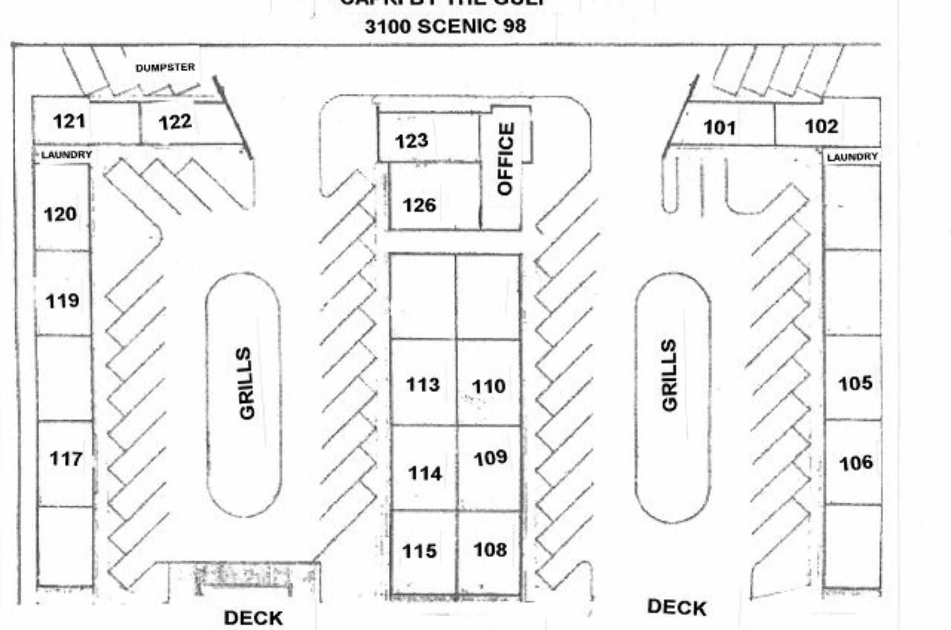 The onestory complex has plenty of spots for parking and grills for grilling.