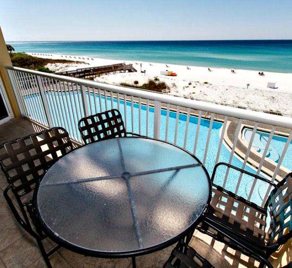 Gulffront balcony overlooking the pool and beach at Waters Edge Condos in Fort Walton Florida