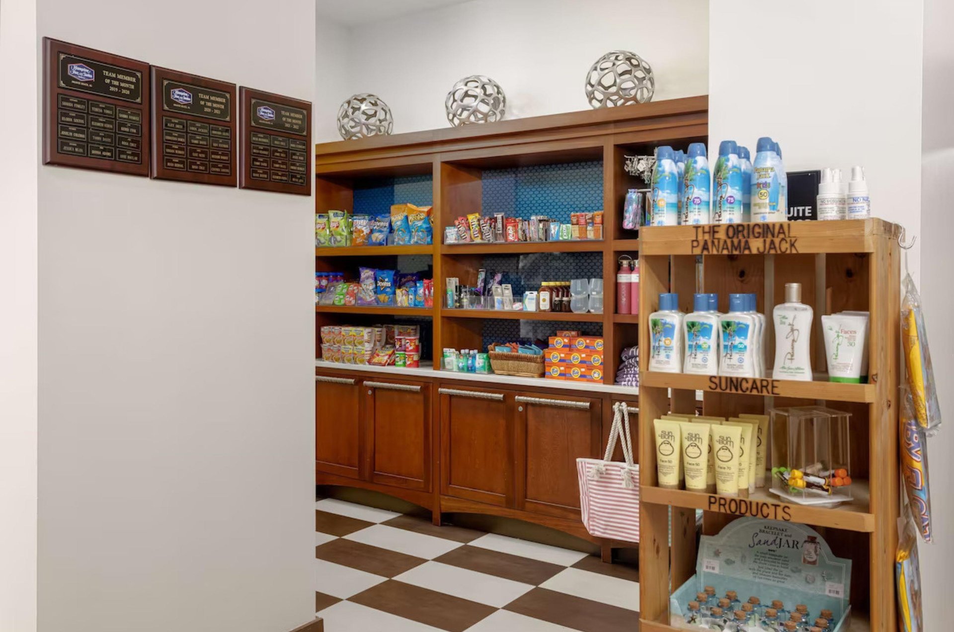 Shelves with snacks and toiletries in the onsite convenience store