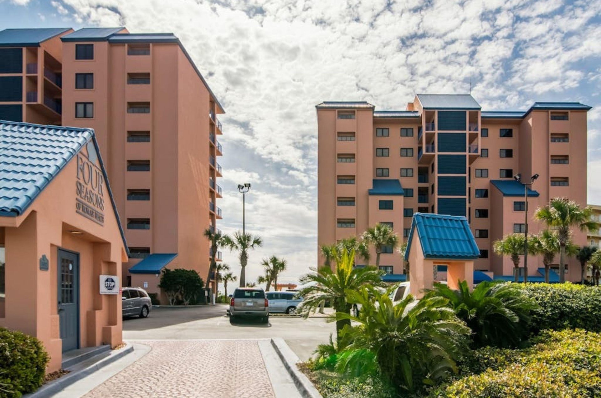 View from the street of the two condominiums at Four Seasons in Orange Beach Alabama
