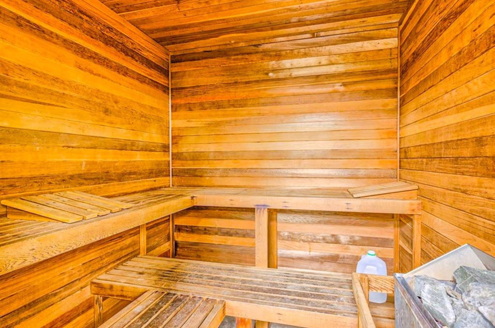 The wooden interior of the sauna at Four Seasons in Orange Beach Alabama