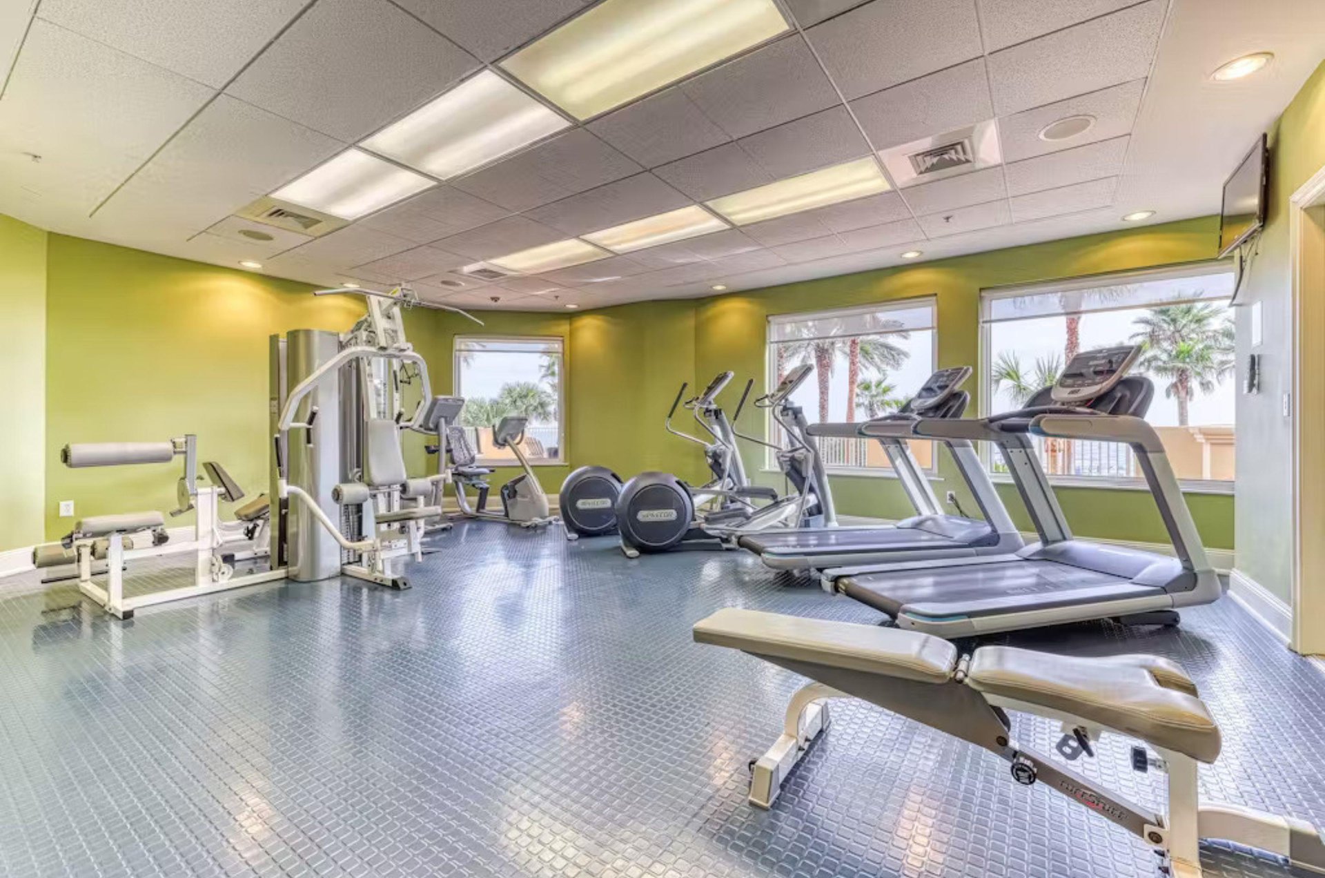The gym has a variety of strength and cardio equipment
