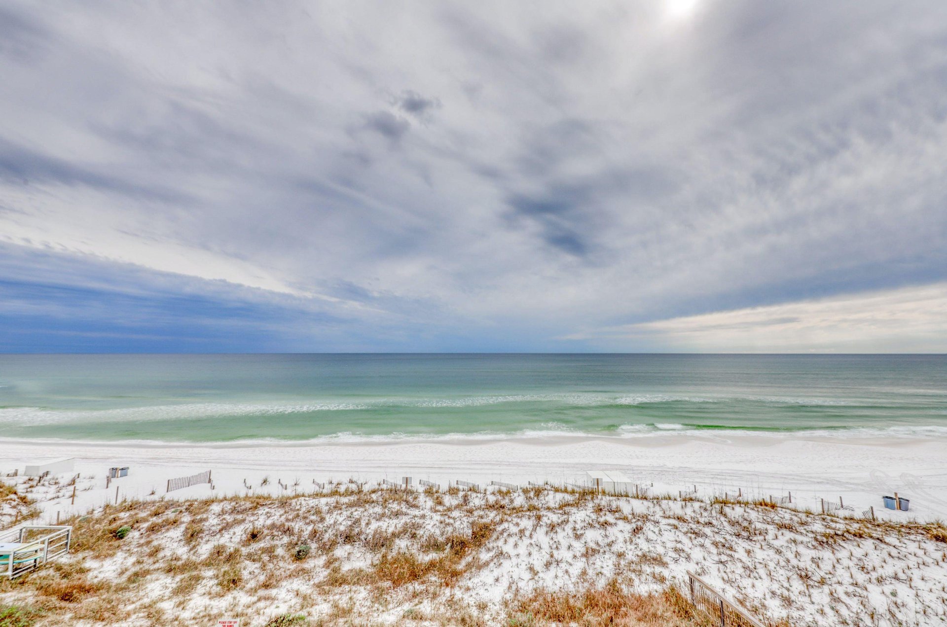 The beach and Gulf view from Crystal Villas condominiums.
