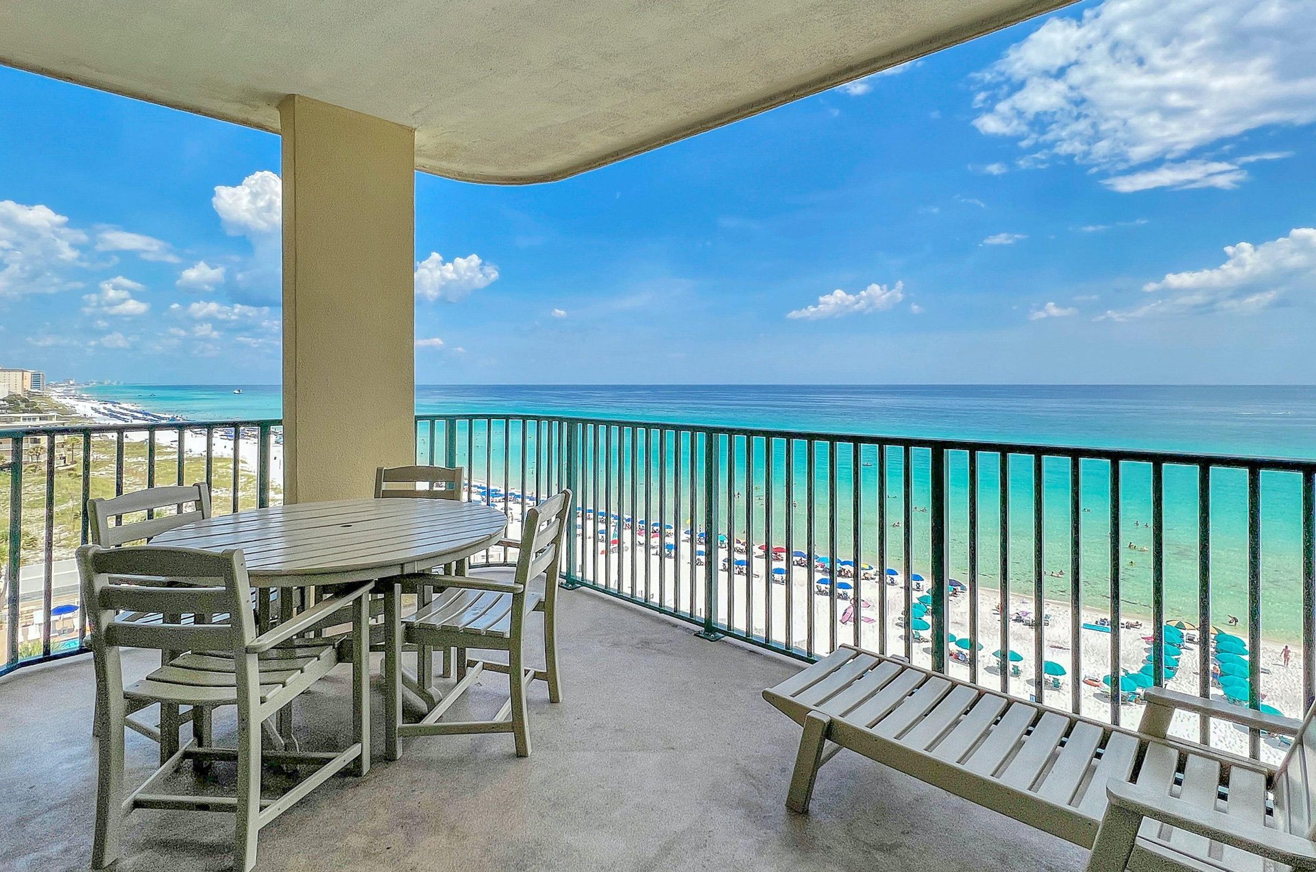 Balcony with seating and a beautiful beach view