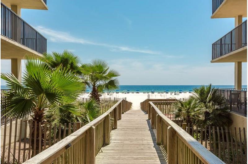 The convenient boardwalk makes for an easy trip to the Gulf at The Palms Orange Beach