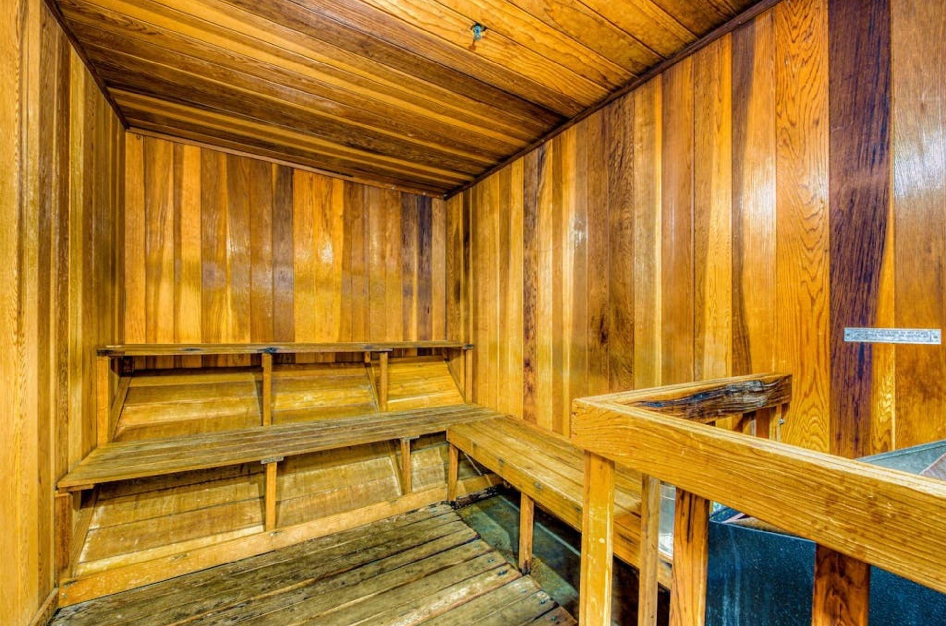 The wooden interior of the sauna the palms in Orange Beach Alabama