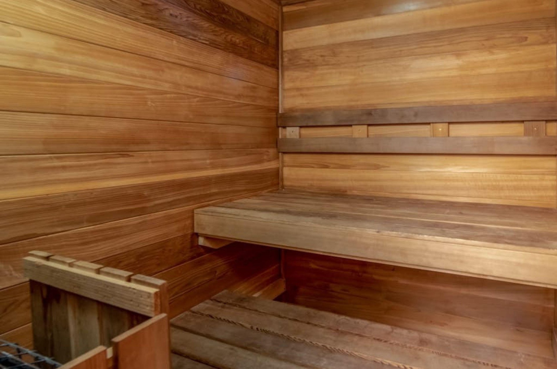 The wooden interior of the sauna at Phoenix II in Orange Beach Alabama