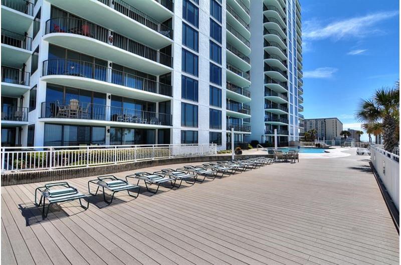 There is plenty of seating close to the pool at Watercrest Condominiums in Panama City Beach Florida