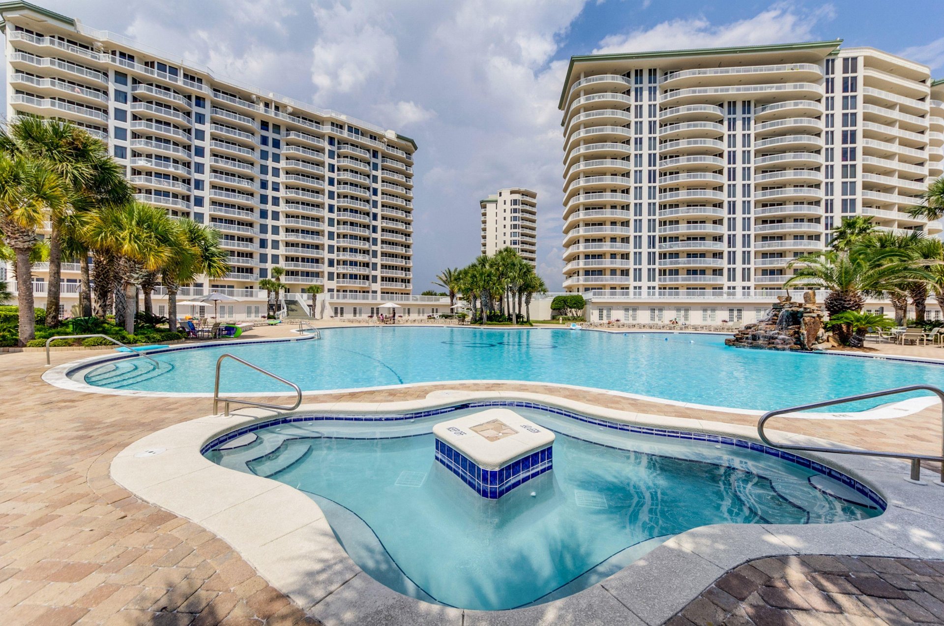 Many balconies look out over a community pool