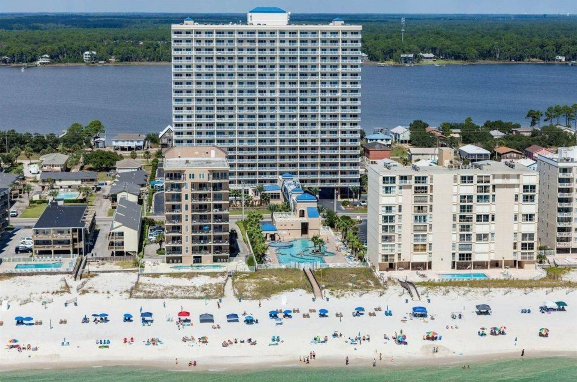 Aerial view of Crystal Towers on the beach in Gulf Shores Alabama