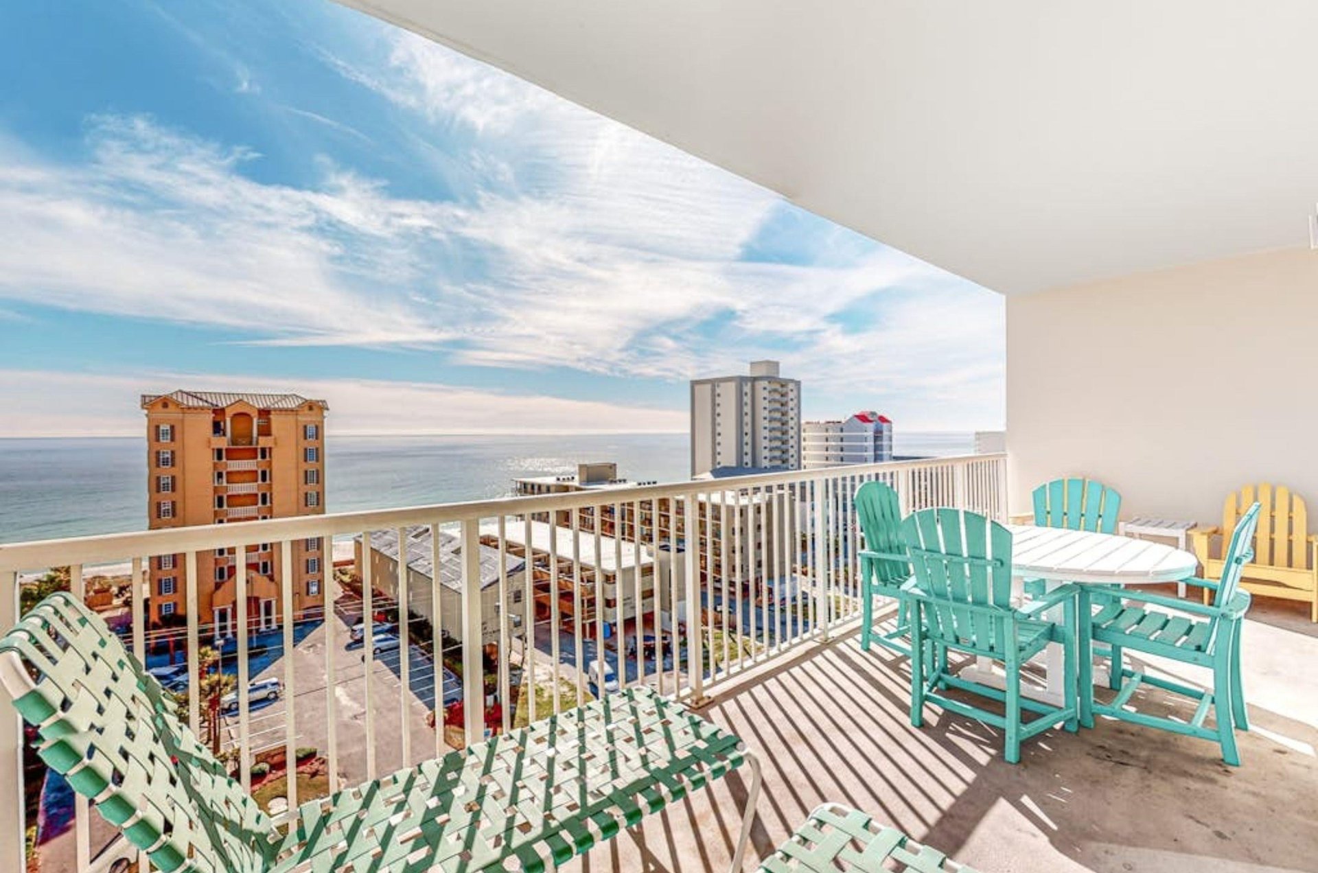 A private balcony overlooking the pool and Gulf at Crystal Towers in Gulf Shores Alabama