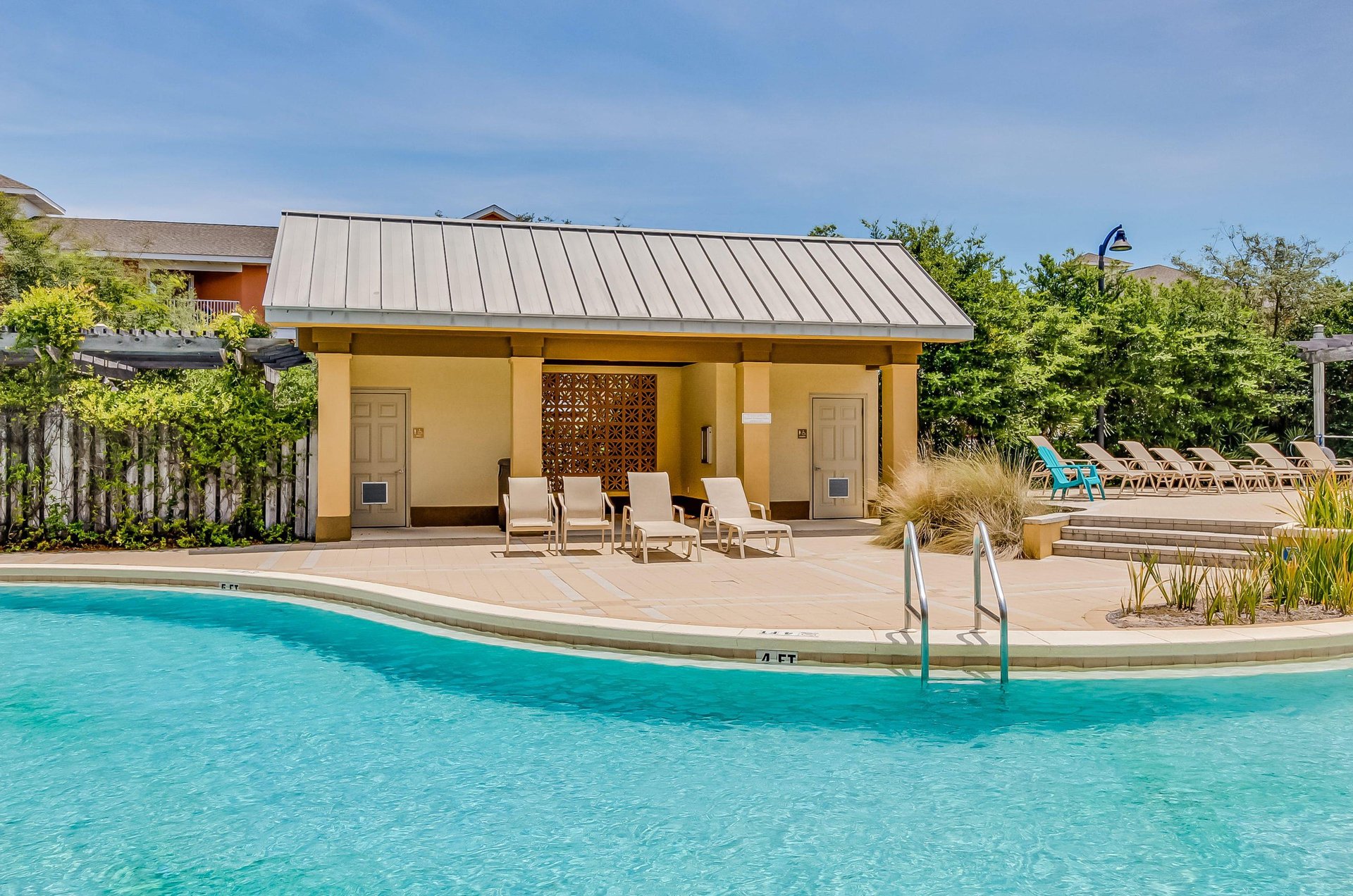 Restrooms are conveniently positioned beside the pool and sundeck.