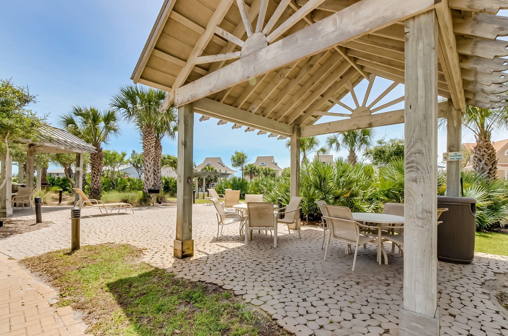 Tables and chairs under gazebos provide great spots on the property share meals outdoor in the shade.