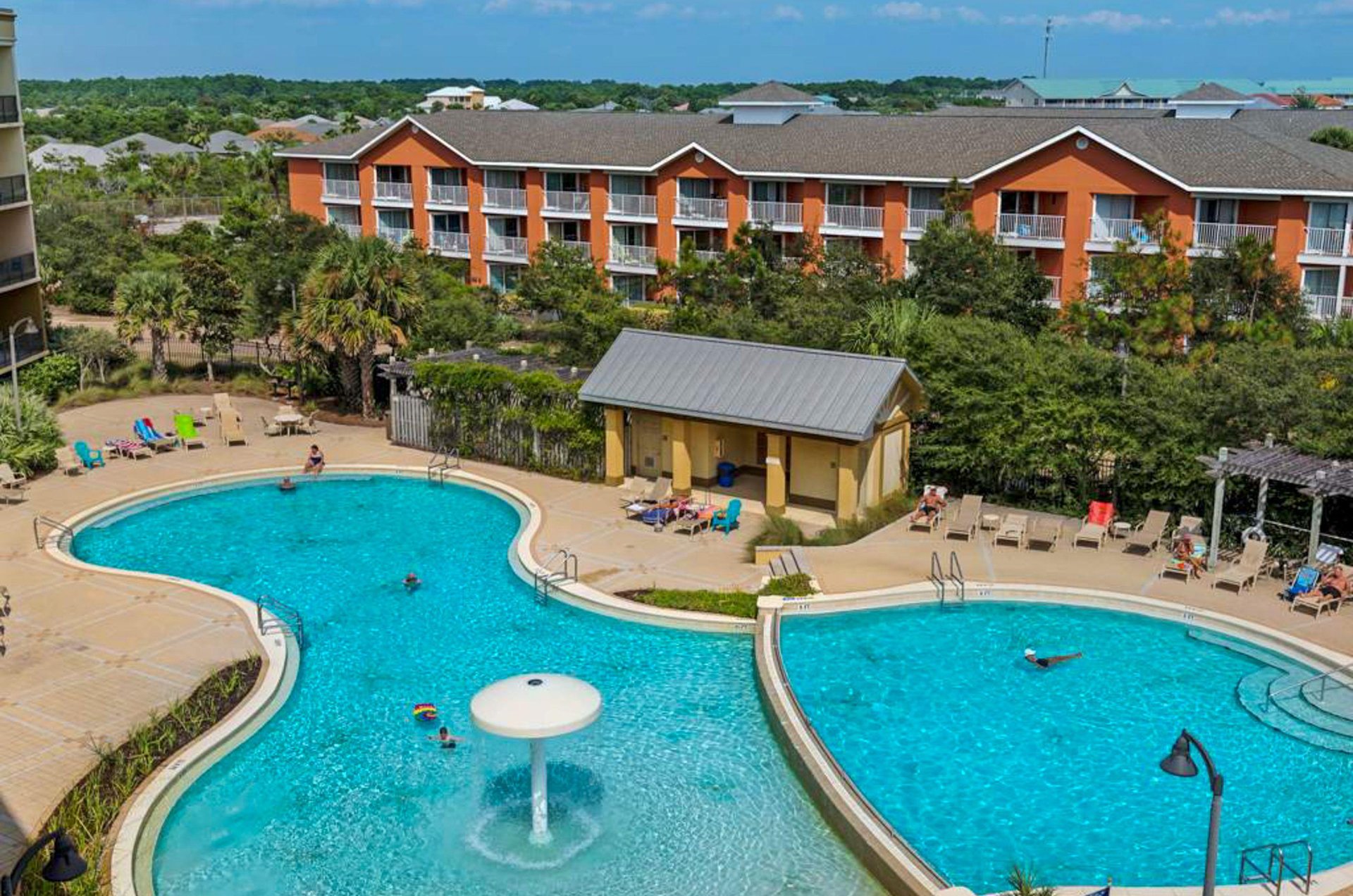 The pool, mushroom fountain, and sundeck offer a nice setting when guests want a freshwater alternative to the beach.
