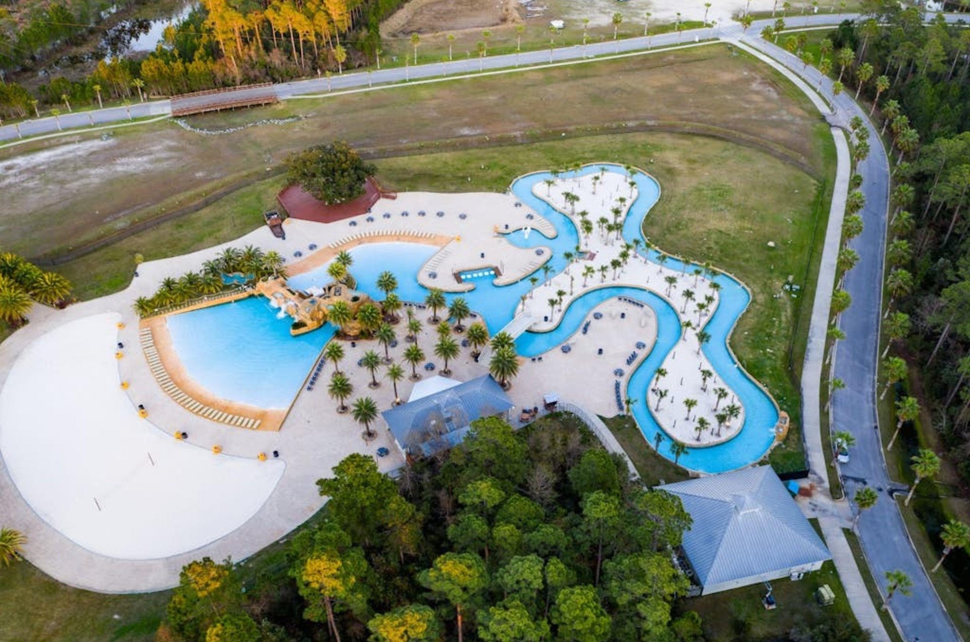 Aerial view of the wave pool and lazy river at the Wharf in Orange Beach Alabama