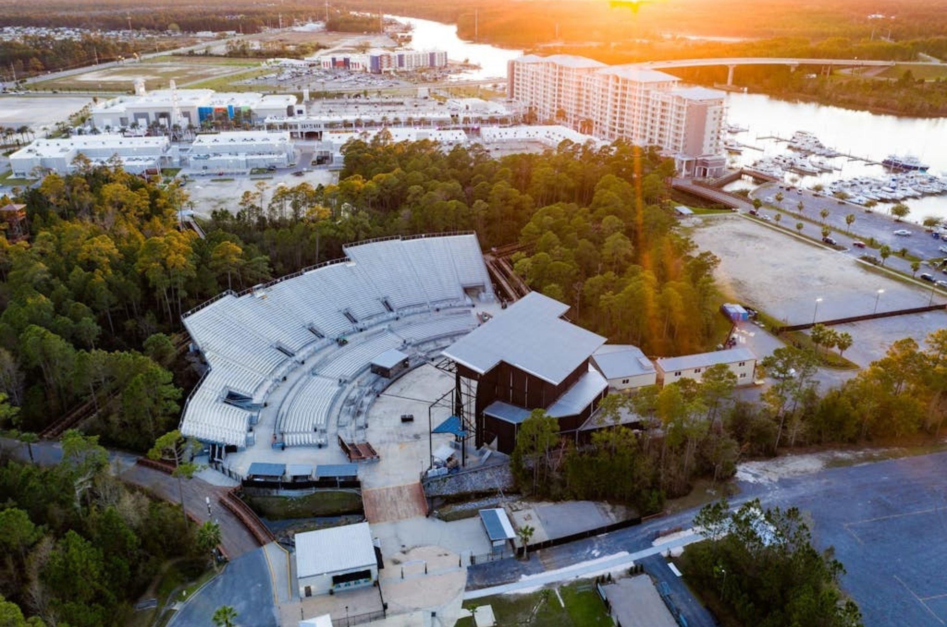 Birds eye view of the amphitheater next to the Wharf Condos in Orange Beach Alabama