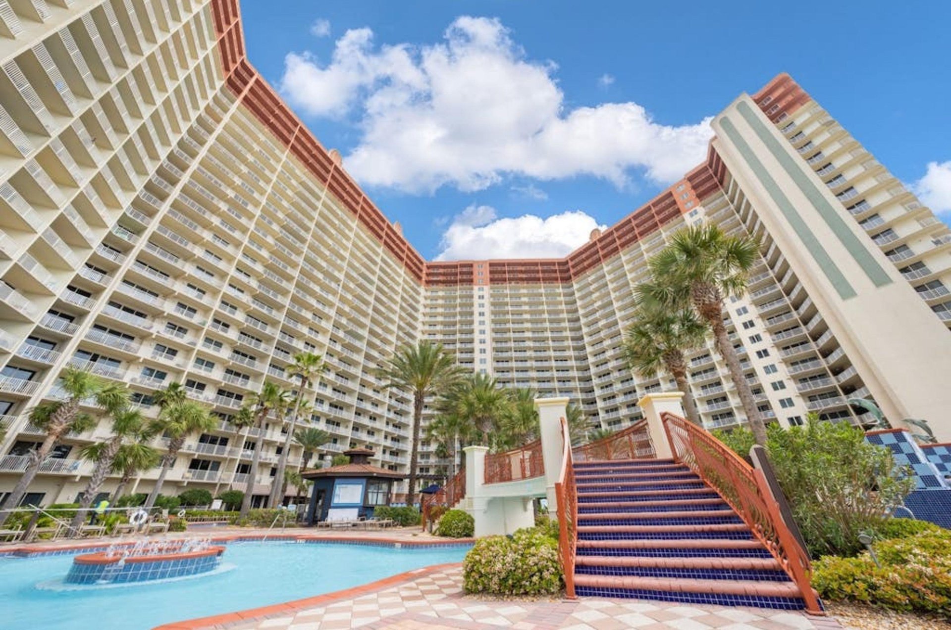 View from the pool deck looking up at the Shores of Panama in Panama City Beach Florida