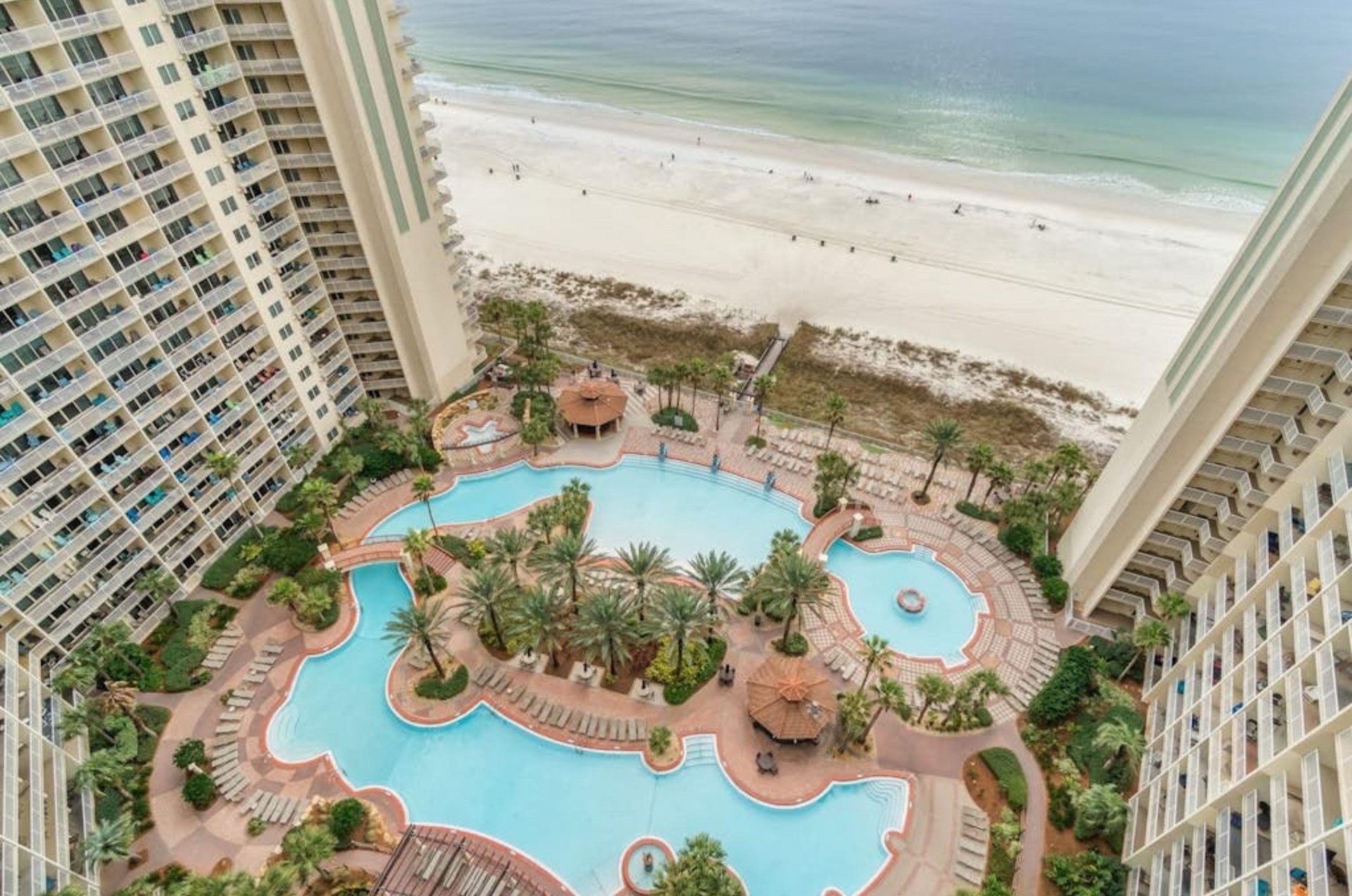Birds eye view of the tropical courtyard at Shores of Panama Resort in Panama City Beach Florida