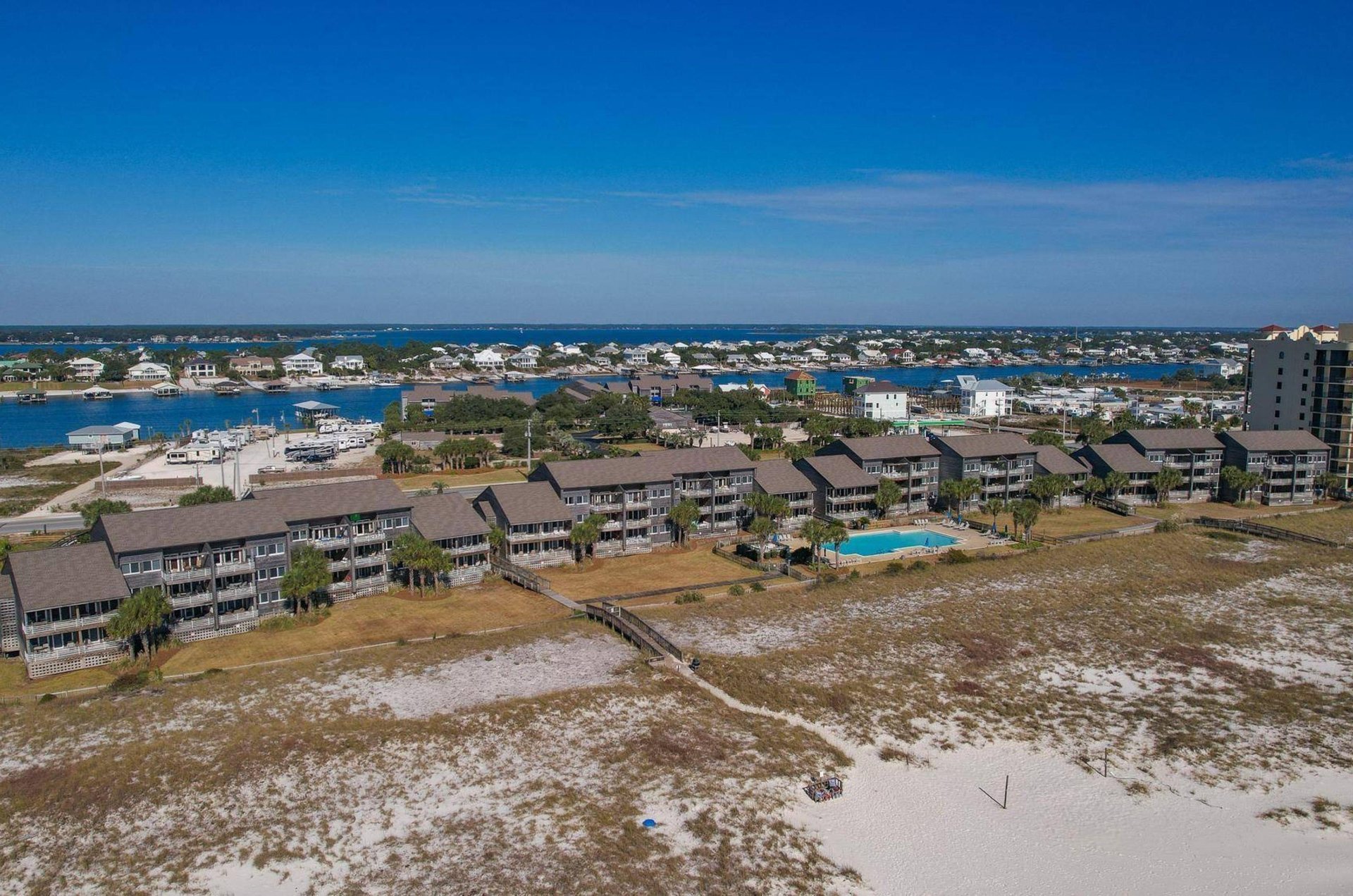 Aerial view of Needle Rush Point condominiums on the Gulf of Mexico in Perdido Key Florida