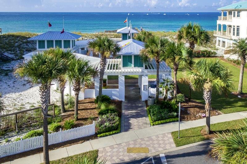 A community pavision with the Gulf in the background