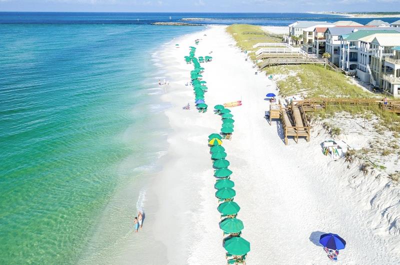 Beach chairs and umbrellas lined up along the Holiday Isle beach