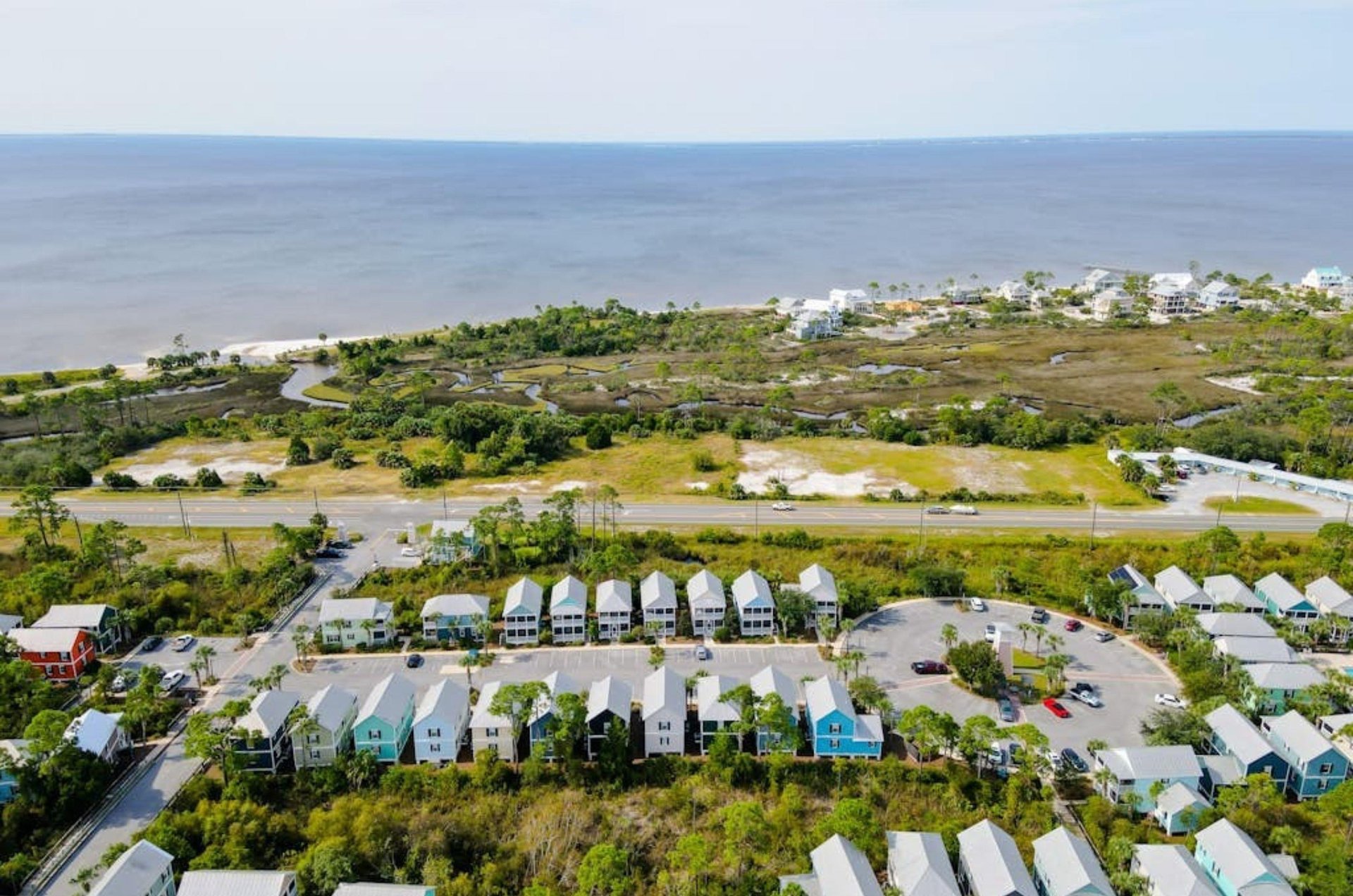 Aerial view of rental homes on the coast in Cape San Blas Florida