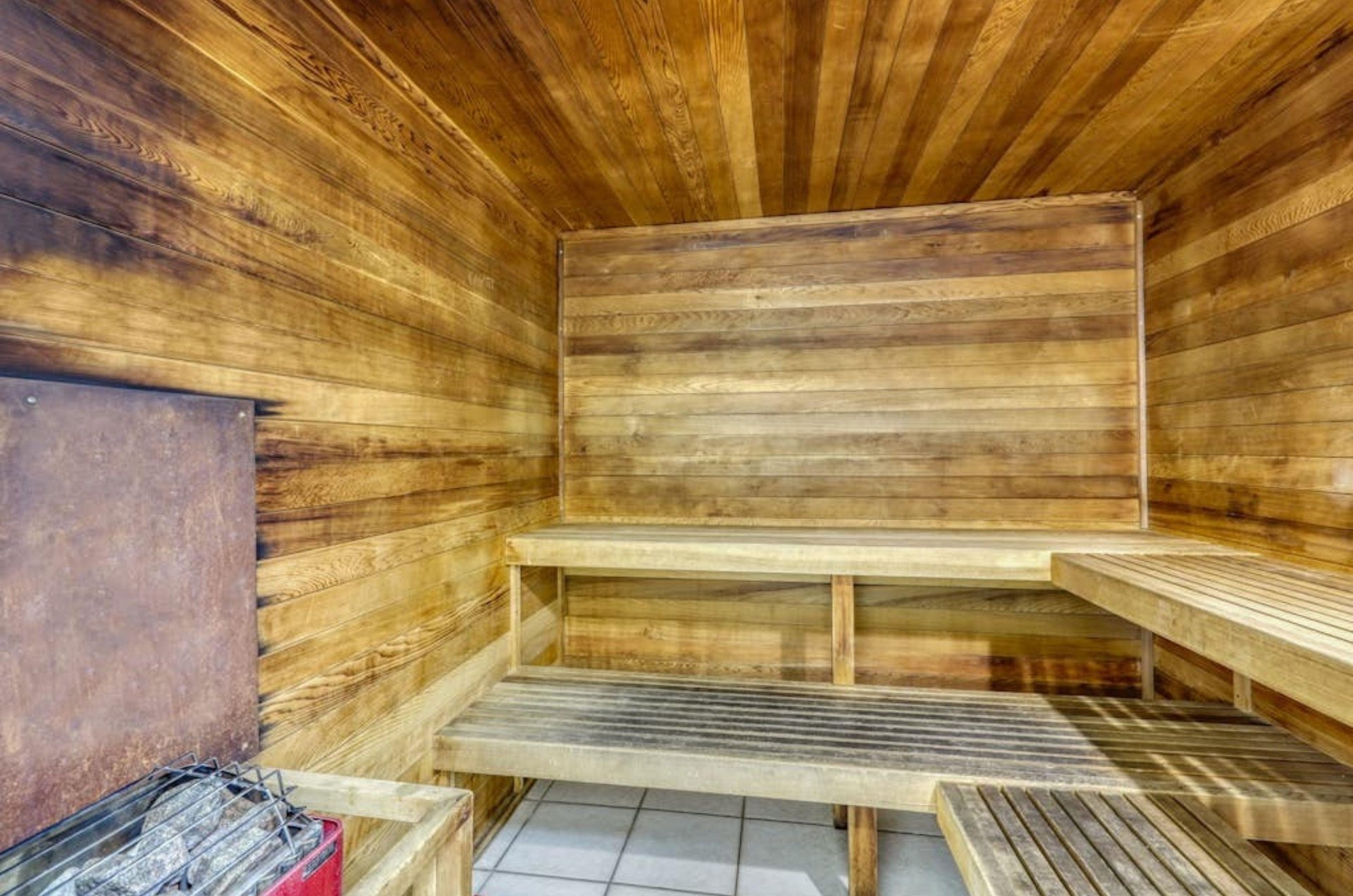 The wooden interior of the sauna at Island Royale in Gulf Shores Alabama