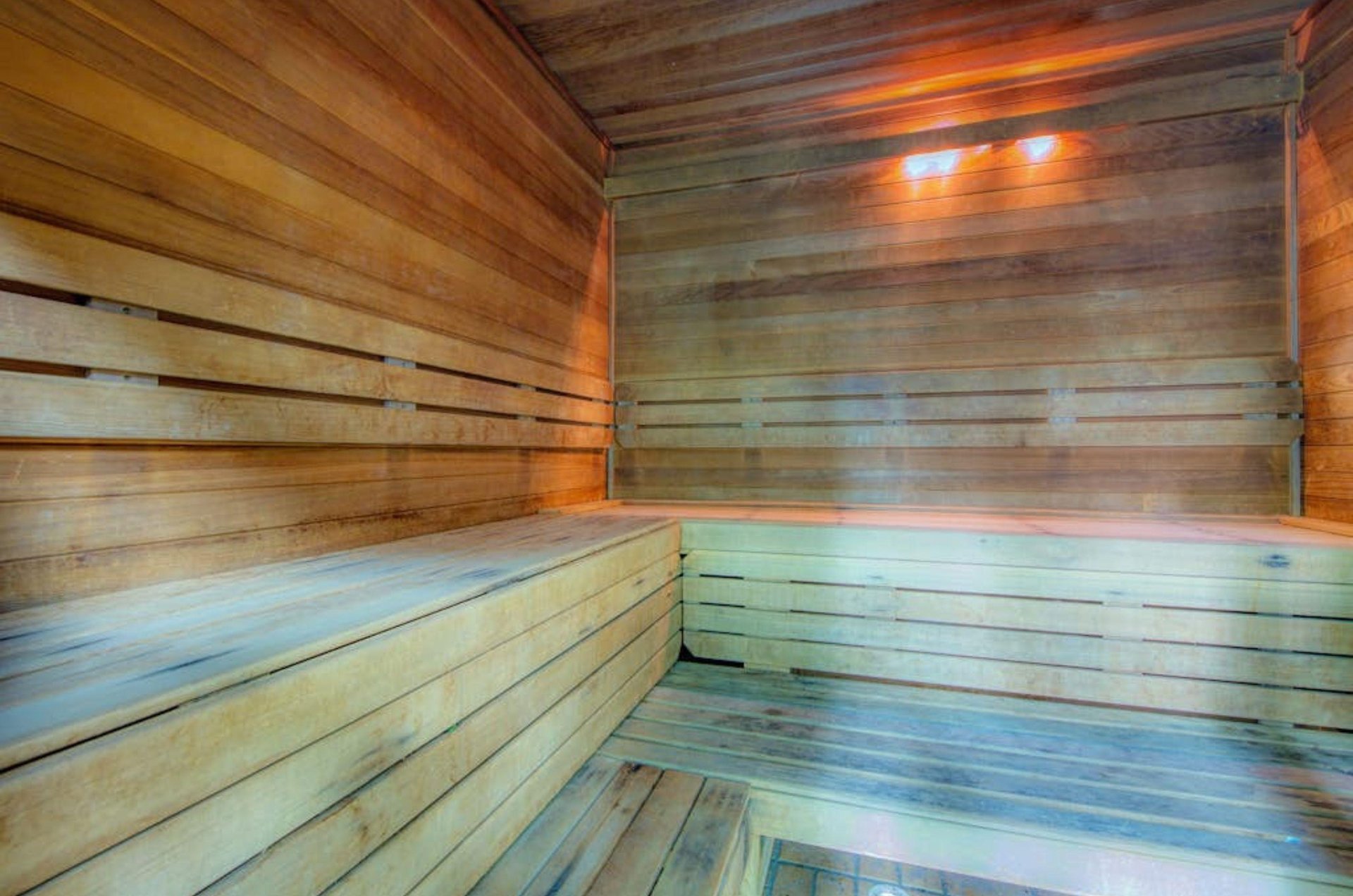 The woden interior of the sauna at Seaside Beach and Racquet Club in Orange Beach Alabama