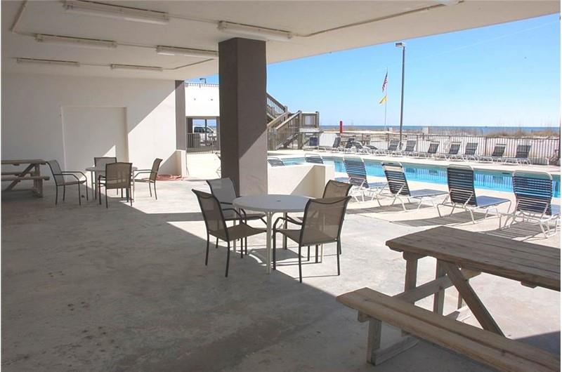 Shady pool deck at Island Winds West in Gulf Shores Alabama