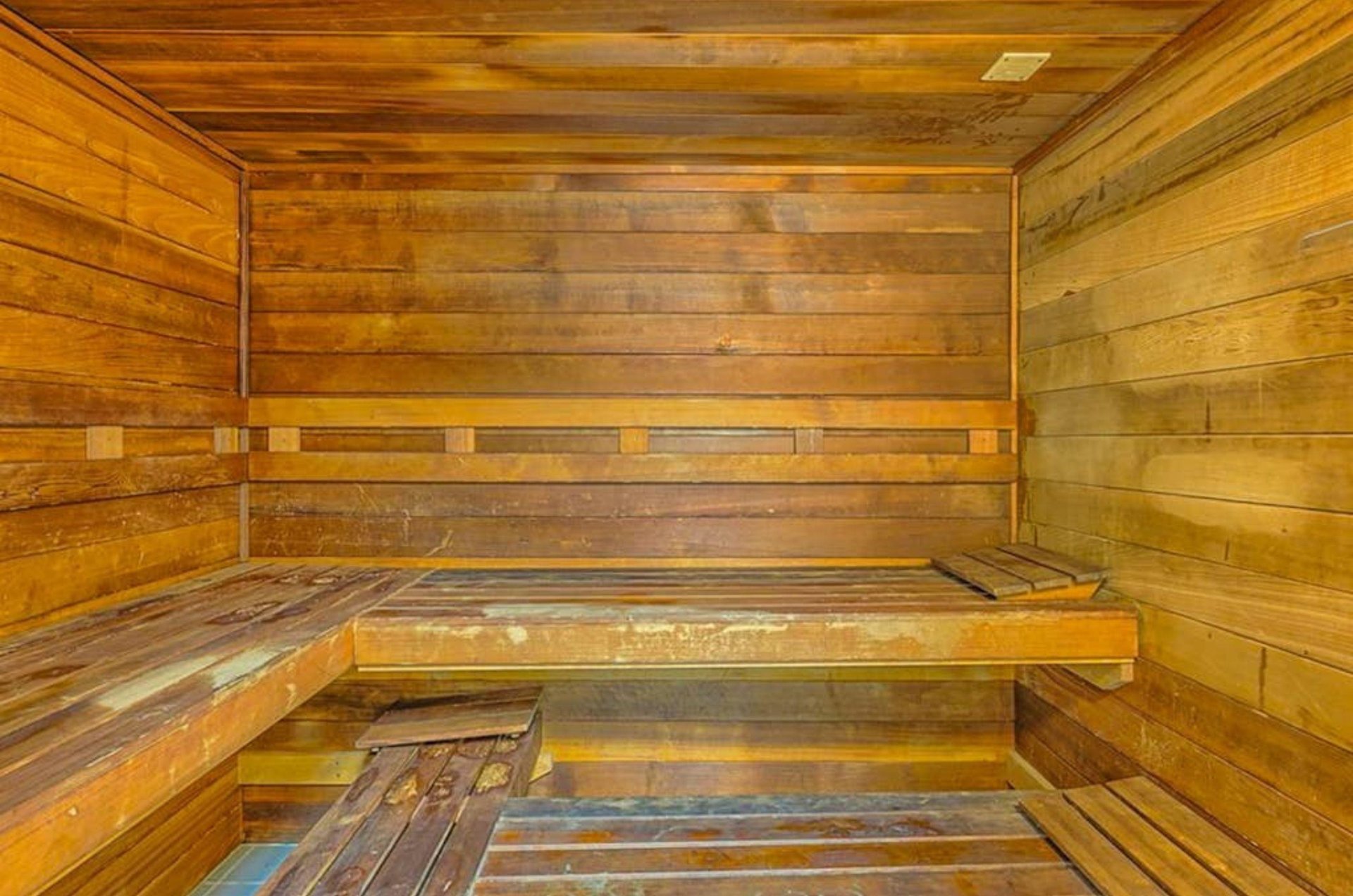 The wooden interior of the sauna at Phoenix VII in Orange Beach Alabama