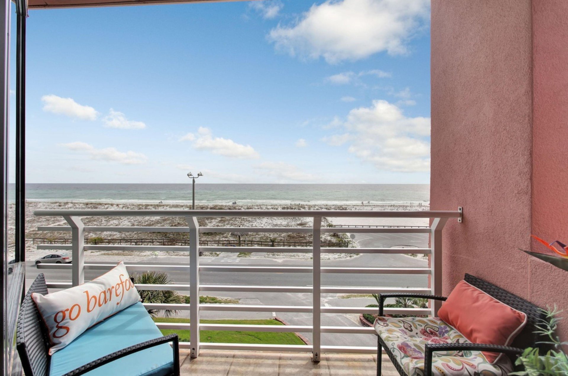 A private balcony offers lovely water views