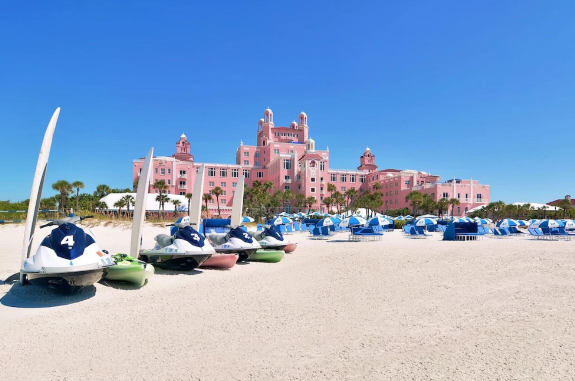 Jet skiis stand ready for guests to hop on and take a ride.