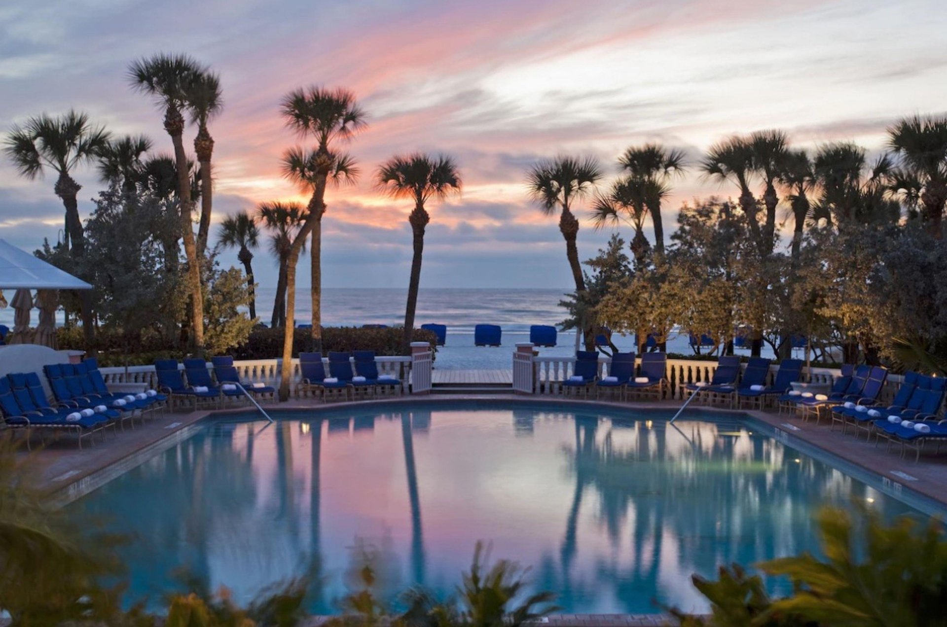 Sunset over the communitys beachside pool.
