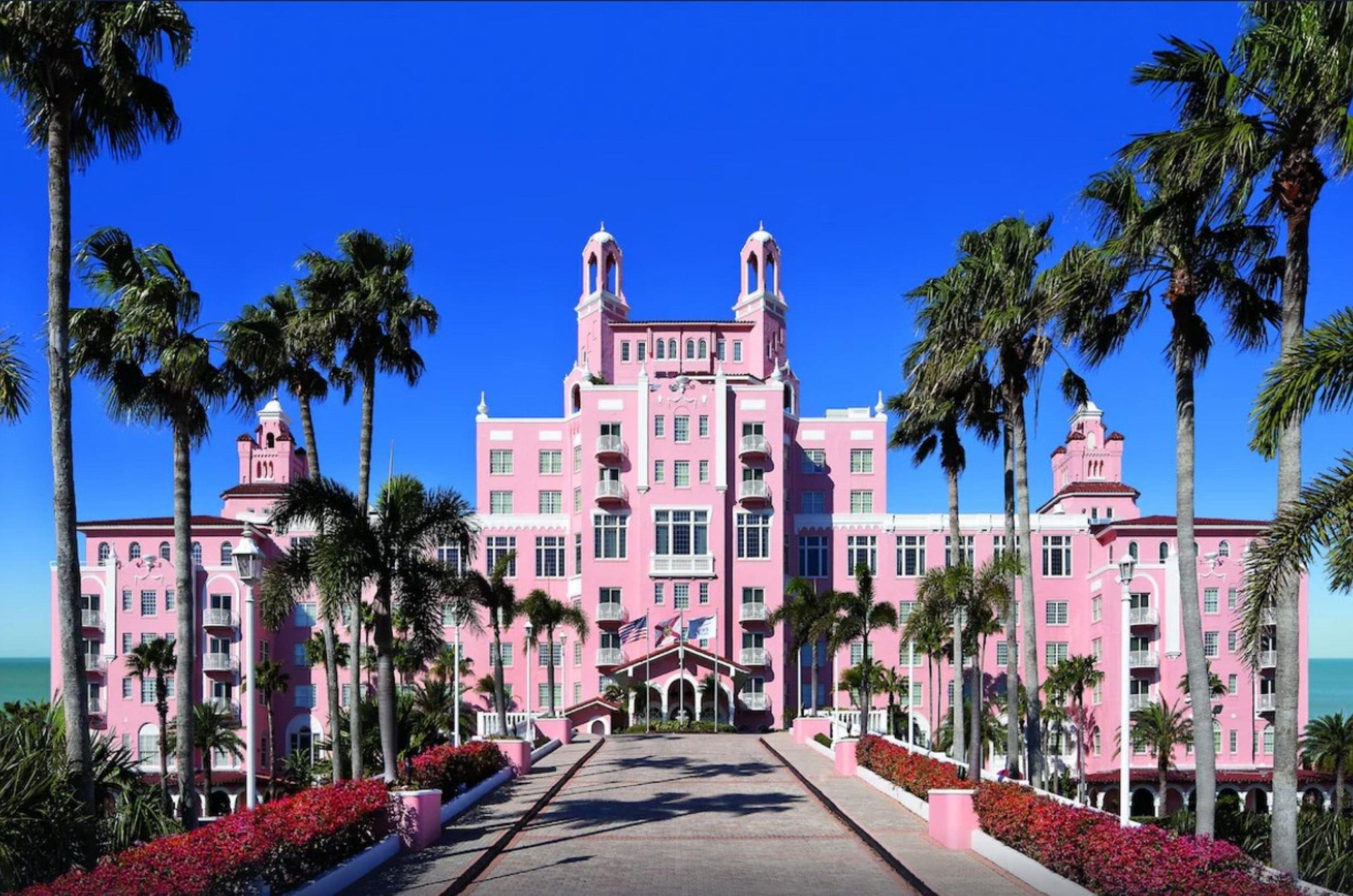The luxurious and tropical entrance to The Don Cesar.