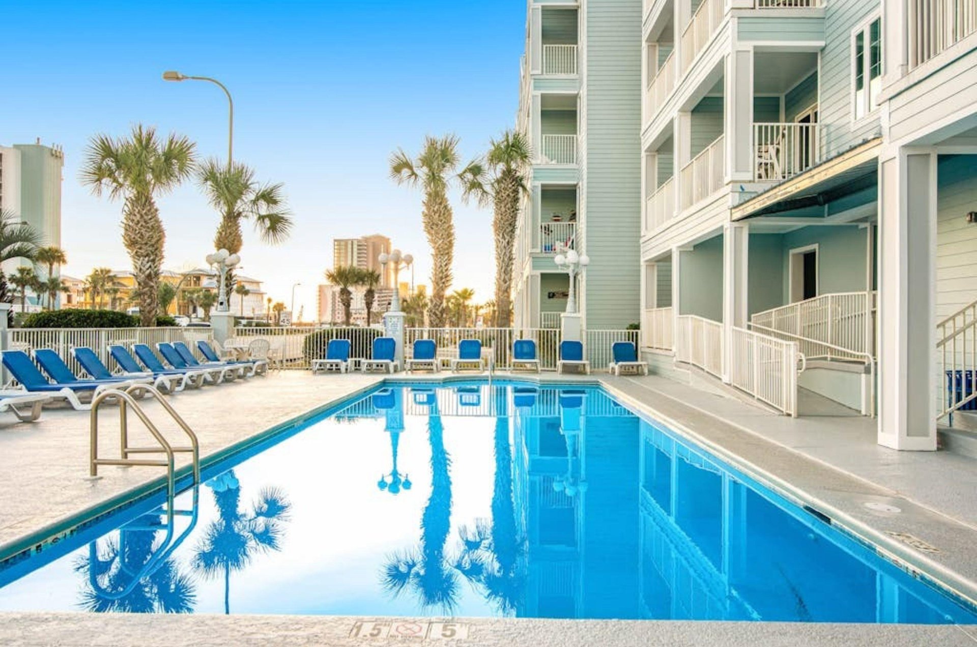 The sparkling outdoor swimming pool at Grand Caribbean