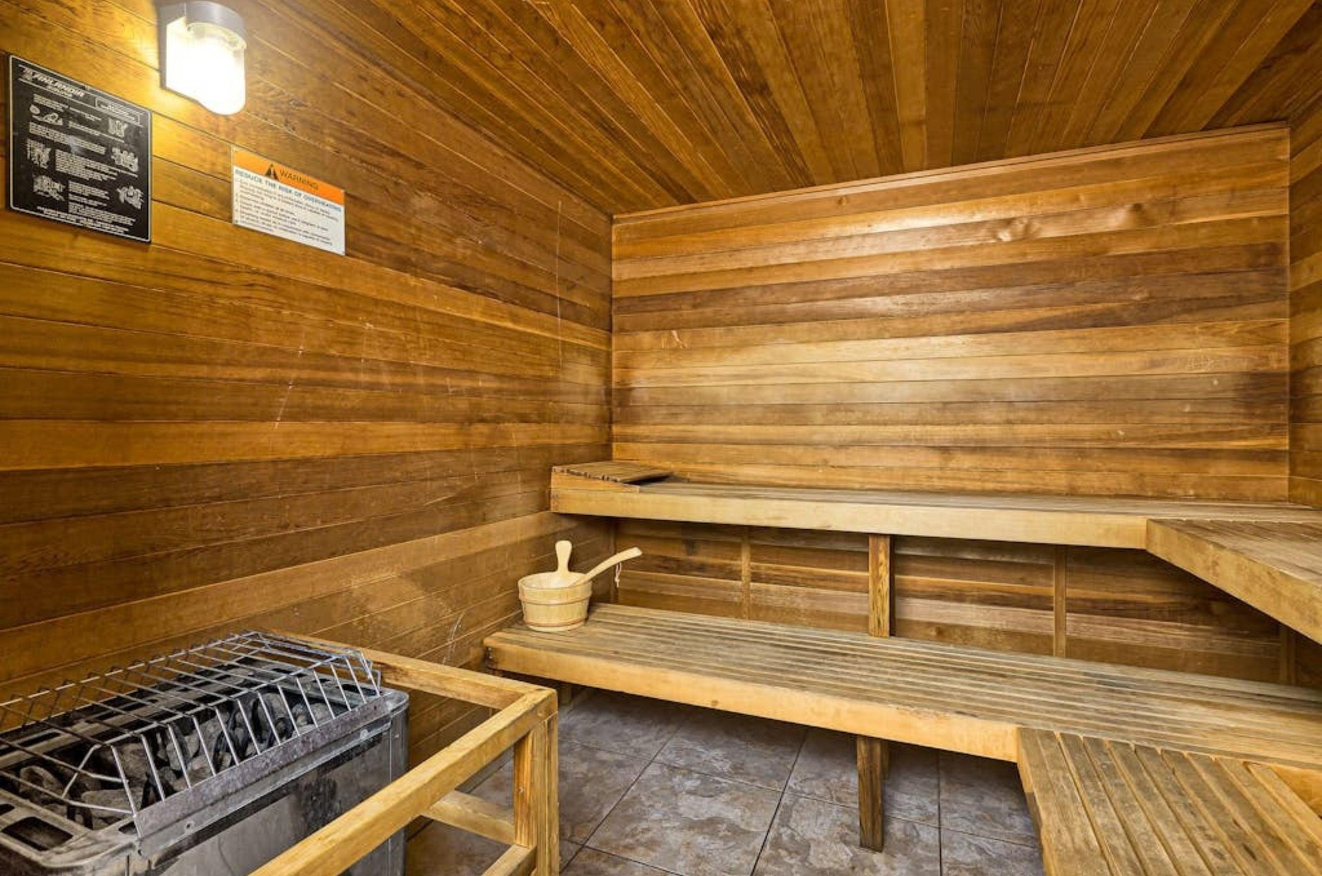 The wooden interior of the sauna at Grand Pointe in Orange Beach Alabama