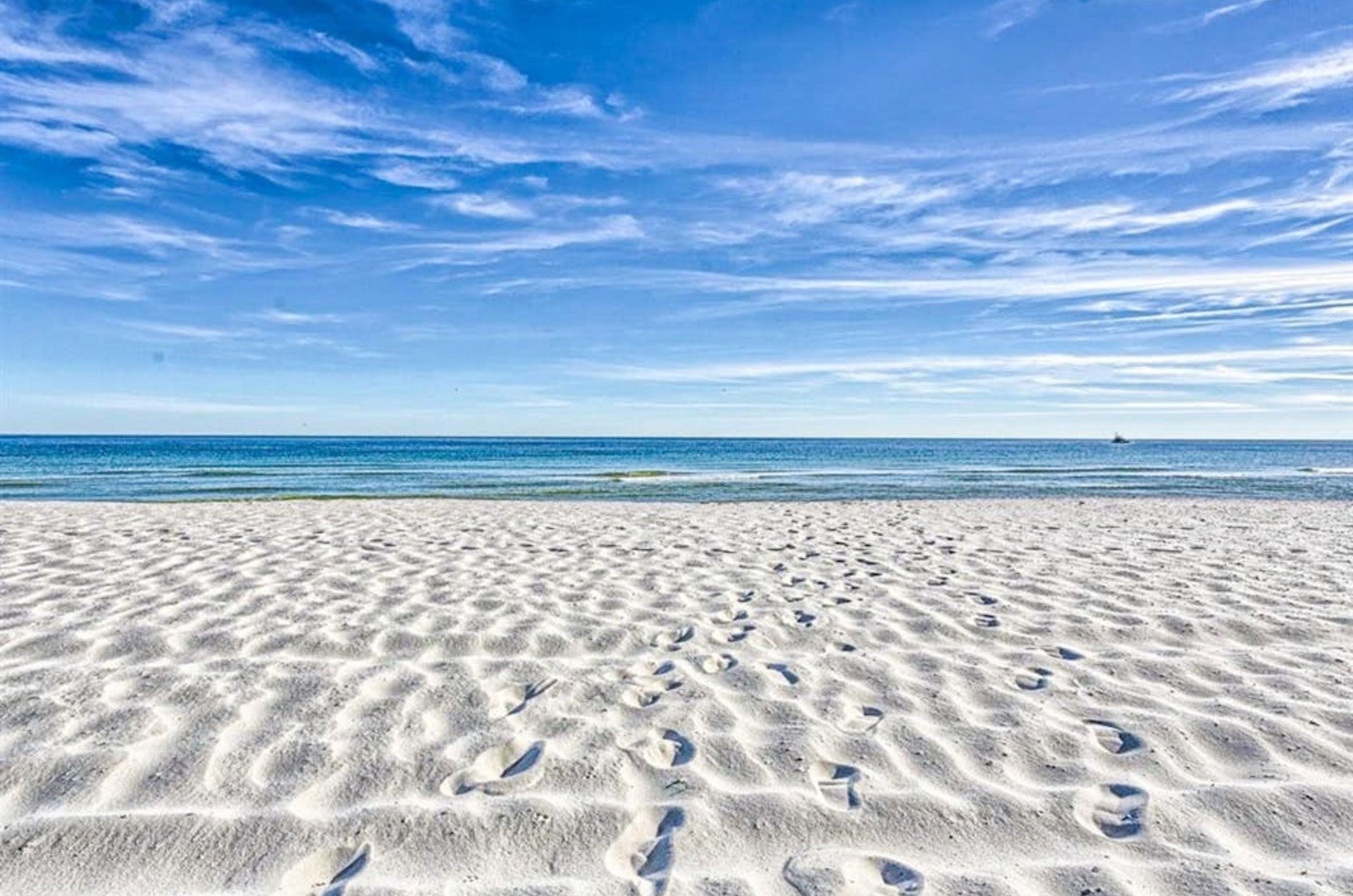 The white sandy beaches in front of the water in Orange Beach Alabama