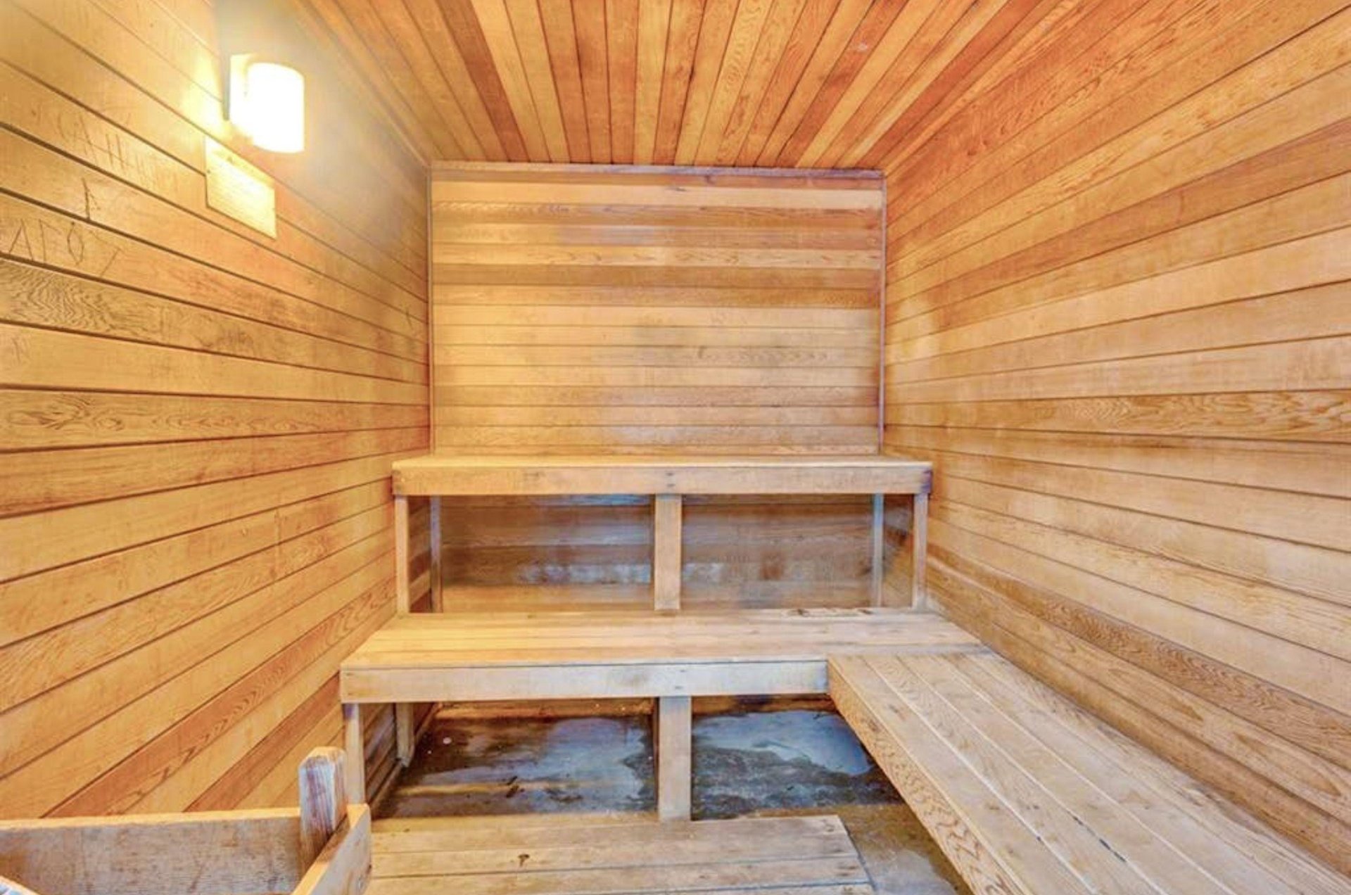 The wooden interior of the sauna at Romar Place in Orange Beach Alabama