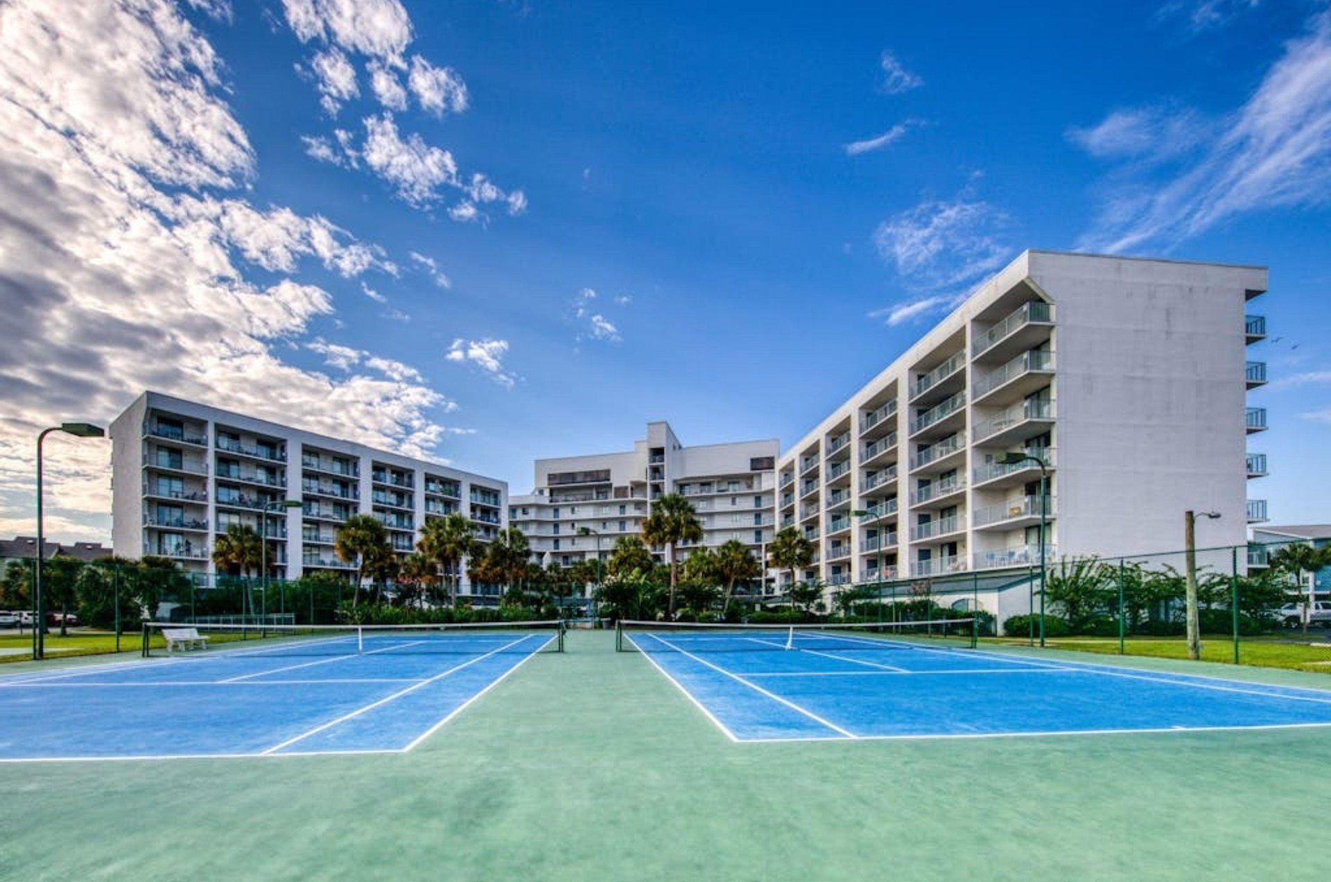 The outdoor tennis courts in front of Gulf Shores Surf and Racquet Club in Gulf Shores Alabama