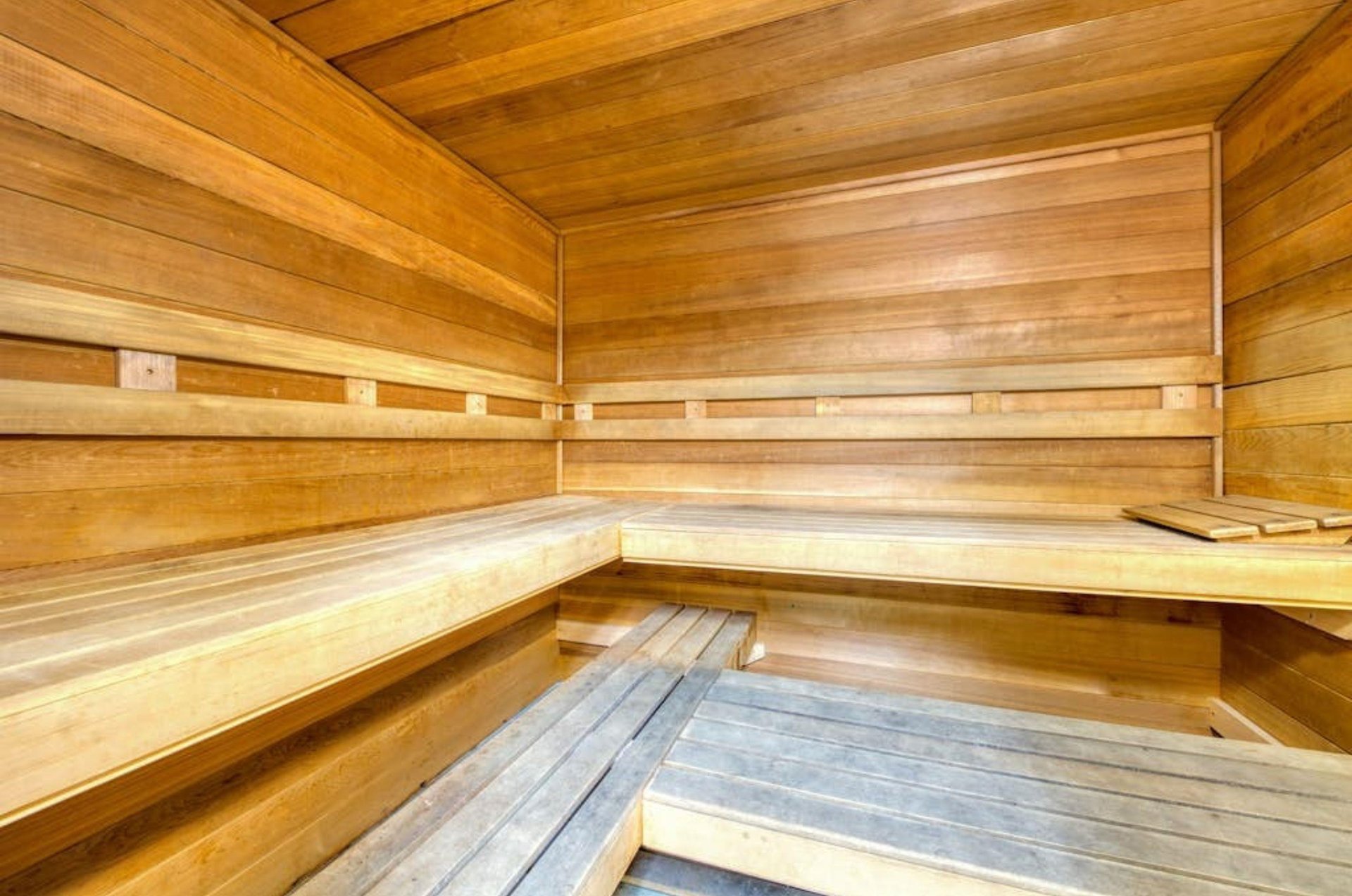 The wooden interior of the sauna at Phoenix I in Orange Beach Alabama