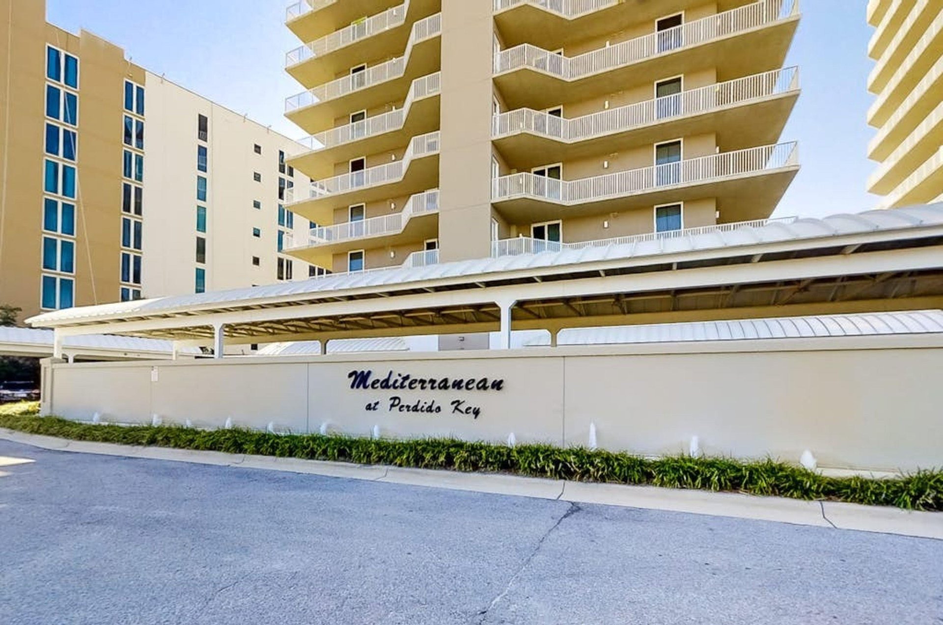 The streetside exterior of the Mediterranean