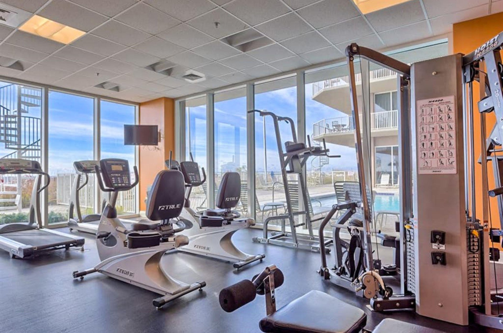 Cardio and strength equipment in the onsite fitness center at Mediterranean