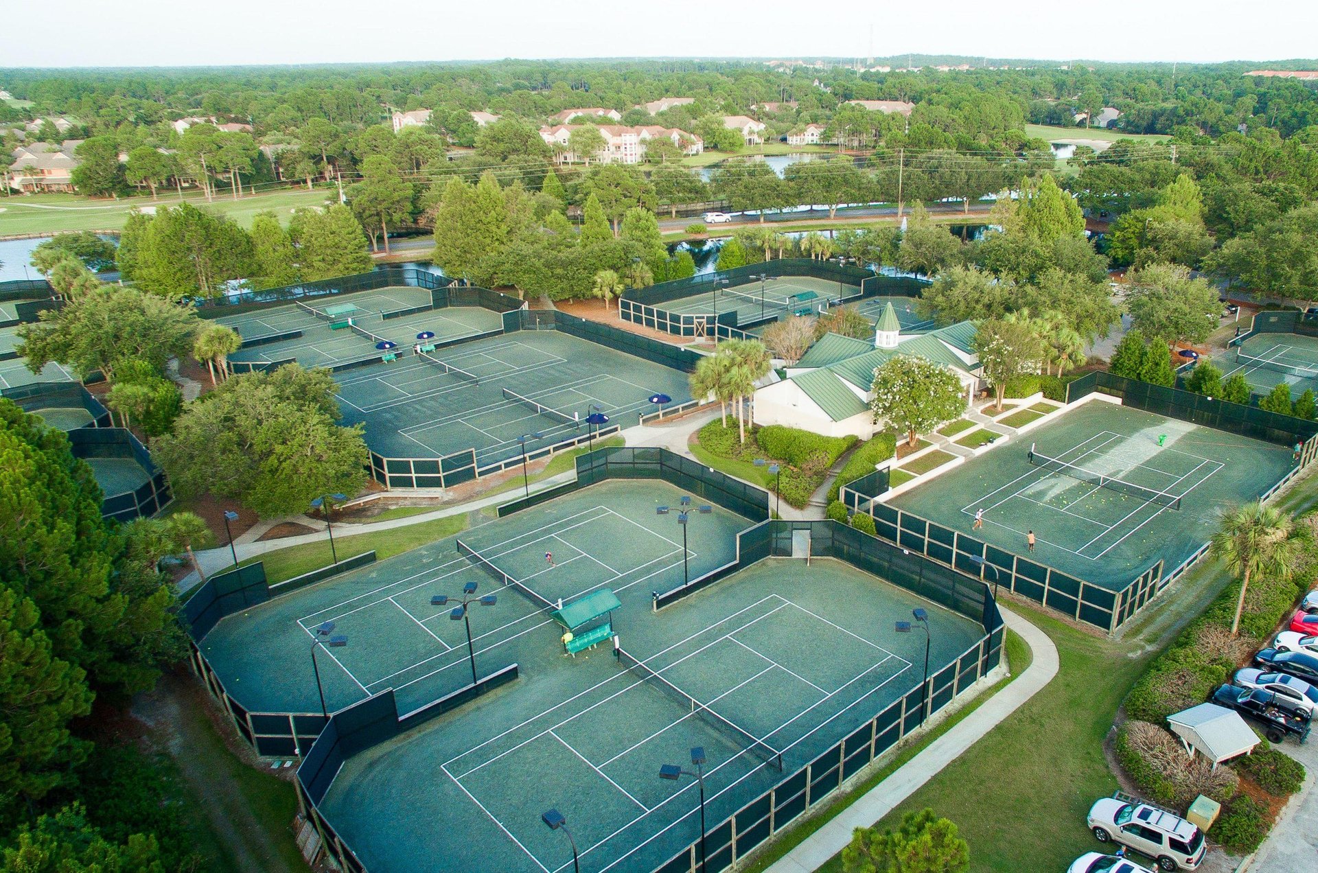 Lighted tennis courts stand ready for everything from friendly matches to highly competitive tournaments.