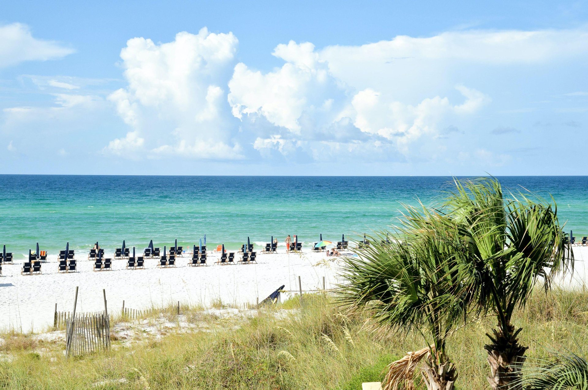 Beach lounge chairs and umbrellas stand ready daily for guests.
