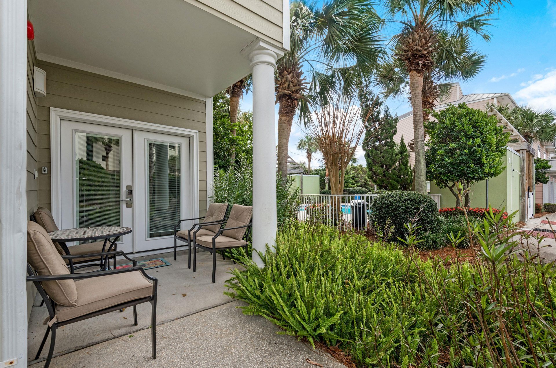 Wellfurnished patios provide cozy outdoor areas to gather.