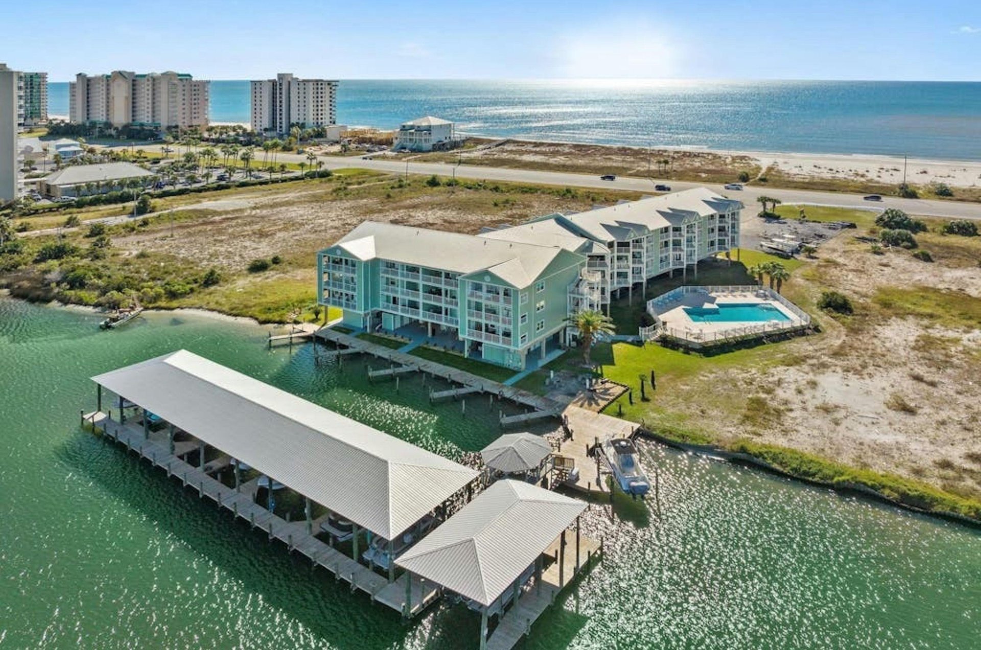 Aerial view of Jubilee Landing on Terry Cove in Orange Beach Alabama